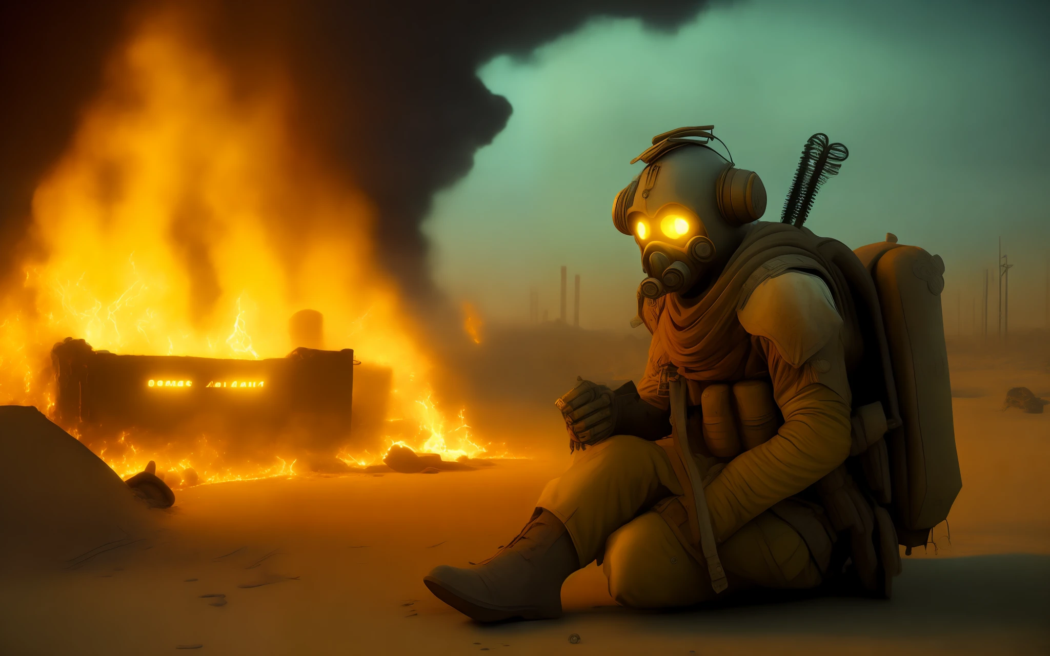 fallout new vegas, a man with sitting on the something, pipboy, tunnel, vault, (face mask:0.1), (breathing tube:0.5), headphone, german ww2 helmet with flashlight , burning fire, full body, polluted wasteland, foggy, volumatric lighting, neon light, CinemaHelper-1000, [bokeh], lens effects, (glare:1.5), bloom, anamophic lens