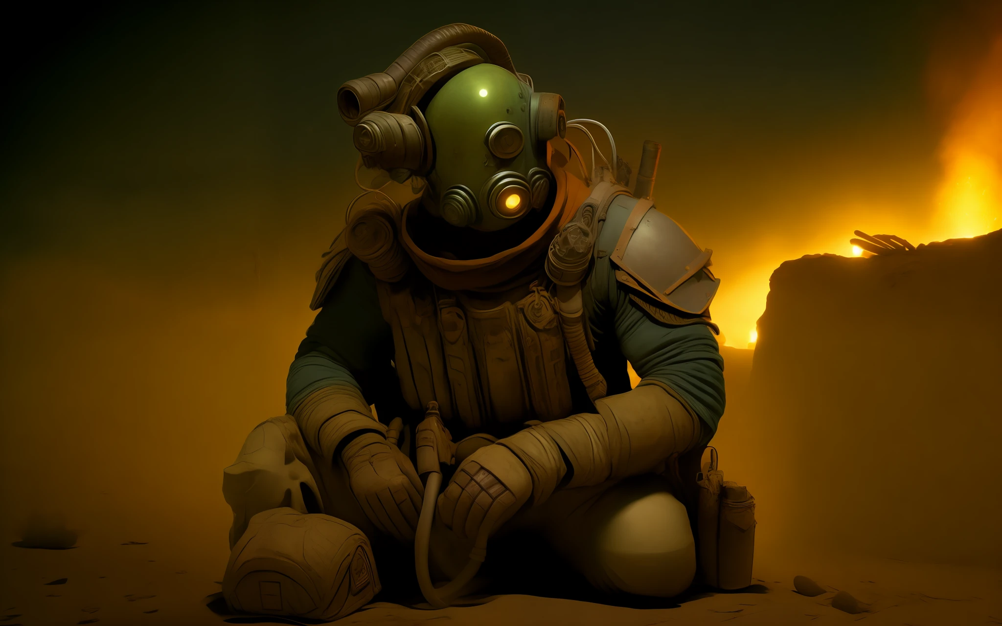 fallout new vegas, a man with sitting on the something, pipboy, tunnel, vault, (face mask:0.1), (breathing tube:0.5), headphone, german ww2 helmet with flashlight , burning fire, full body, polluted wasteland, foggy, volumatric lighting, neon light, CinemaHelper-1000, [bokeh], lens effects, (glare:1.5), bloom, anamophic lens
