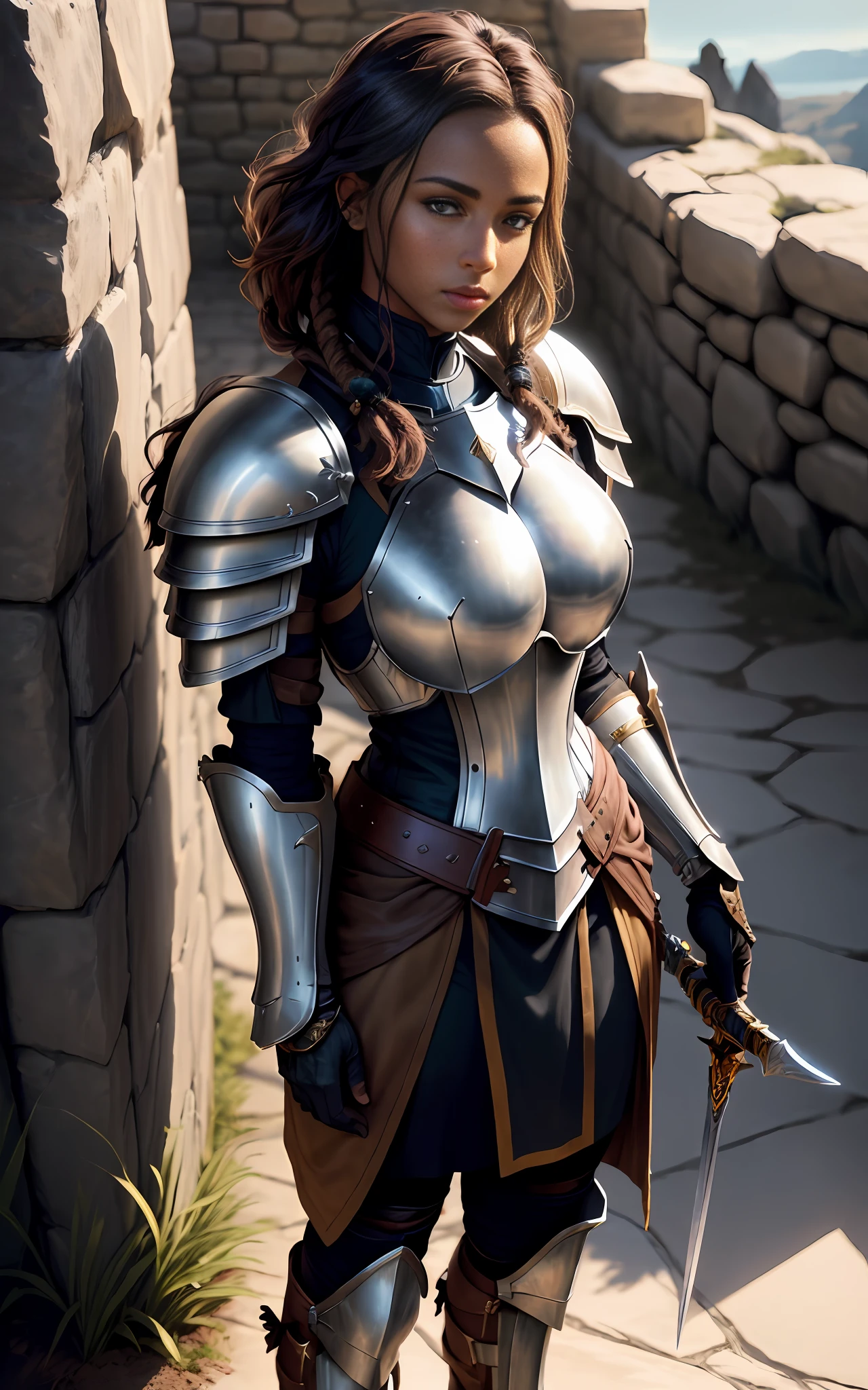 ((realistic image of beautiful young African warrior)), slight smile, ((standing in front of a stone wall)), wearing rusty Mandalorian armor, short dreadlock hair, leather boots, dark background lighting, close-up, detailed facial details, perfect face, sharpness, trend art, sharp facial details, ultra high quality, line art, high fantasy, exquisite, 4k, soft lighting 8k, Dreamer --ISO 100, anime, line art (extremely detailed 8k wallpaper), image a noble lady, the lord of the castle wife, wearing a Mandalorian armor, dramatic lighting and shadows, 8k resolution, intricate, high detail, dramatic, knight, female solo, hands resting on the sword, whole body, serene look, gauntlets, gloves, breastplate, shoulder armor, black gloves, serene face, armored vest, sword sheathed at waist, thick waist, huge breasts
