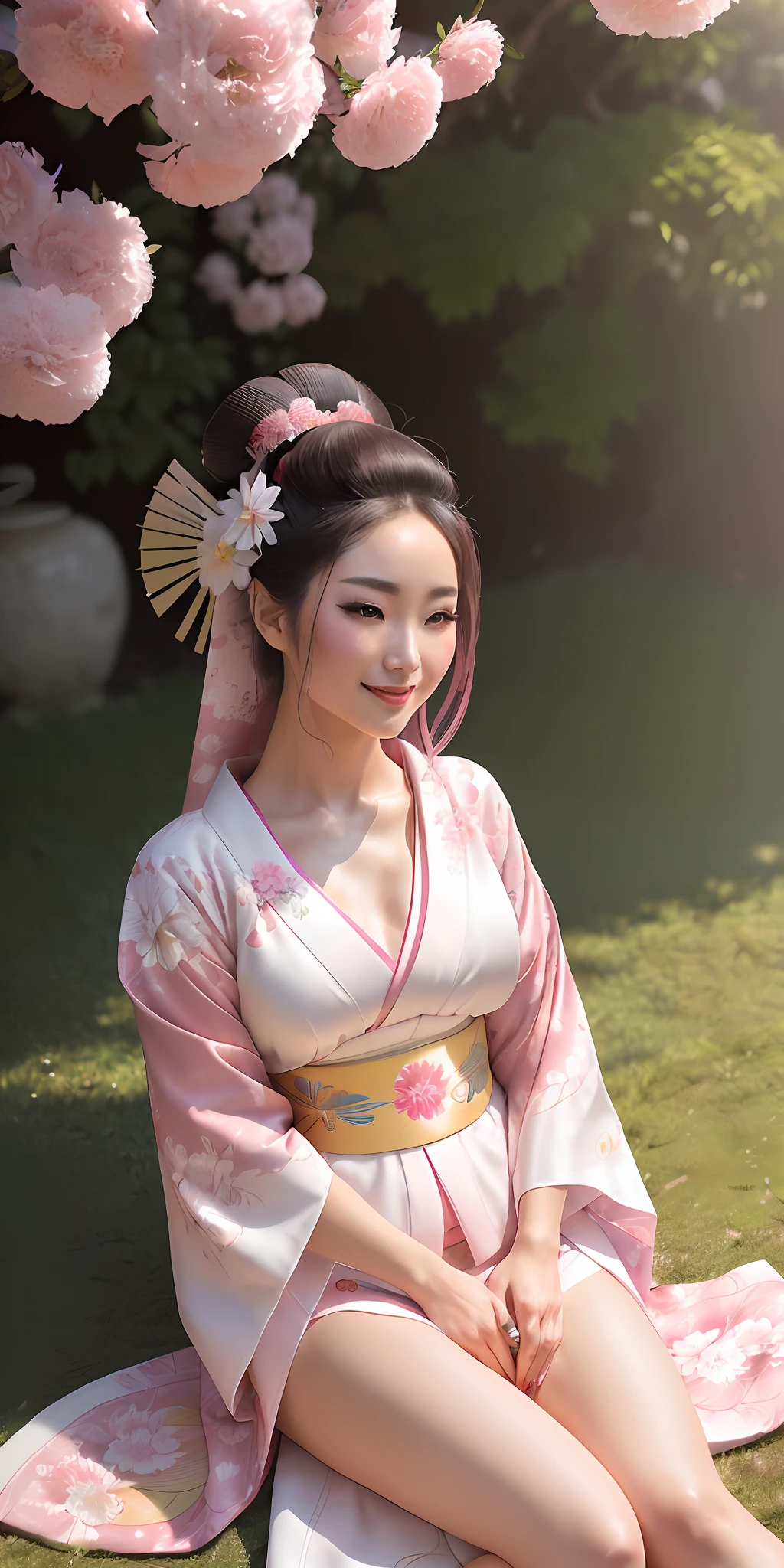 A gorgeous sexy 20-year-old geisha with flowing flowing hair loose,(photorealistic:photorealistic,(8k),(short pink and white erotic kimono, lying on the grass (hyperrealistic:realistic full body), on a sunny day vivid colors, smiling: cheerful features,(texture and environment well detailed perfect lighting).