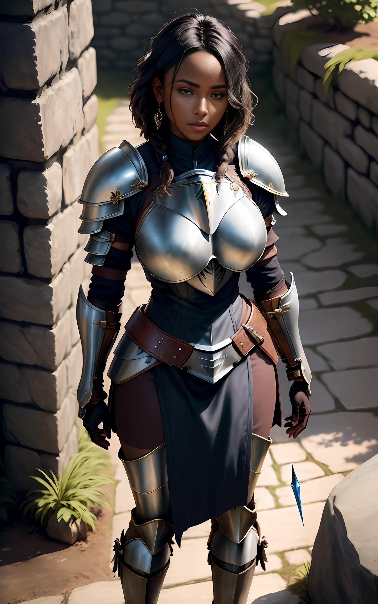 ((realistic image of beautiful young African warrior)), slight smile, ((standing in front of a stone wall)), wearing rusty Mandalorian armor, short dreadlock hair, leather boots, dark background lighting, close-up, detailed facial details, perfect face, sharpness, trend art, sharp facial details, ultra high quality, line art, high fantasy, exquisite, 4k, soft lighting 8k, Dreamer --ISO 100, anime, line art (extremely detailed 8k wallpaper), image a noble lady, the lord of the castle wife, wearing a Mandalorian armor, dramatic lighting and shadows, 8k resolution, intricate, high detail, dramatic, knight, female solo, hands resting on the sword, whole body, serene look, gauntlets, gloves, breastplate, shoulder armor, black gloves, serene face, armored vest, sword sheathed at waist, thick waist, huge breasts