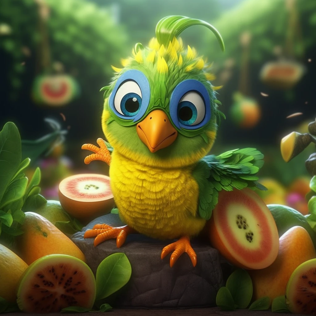Fruit Flash, Bird Patrol, Cute Character, Pixar style, with (detailed), fantastical, surreal and ((cute)) art style, cool with personality, high quality, high detail, high resolution, 8k