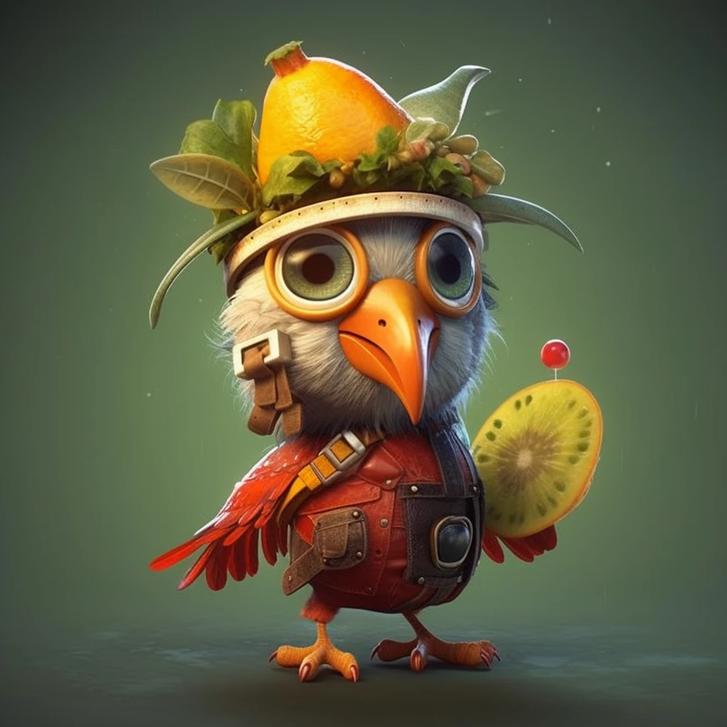 Fruit Flash, Bird Patrol, Cute Character, Pixar style, with (detailed), fantastical, surreal and ((cute)) art style, cool with personality, high quality, high detail, high resolution, 8k