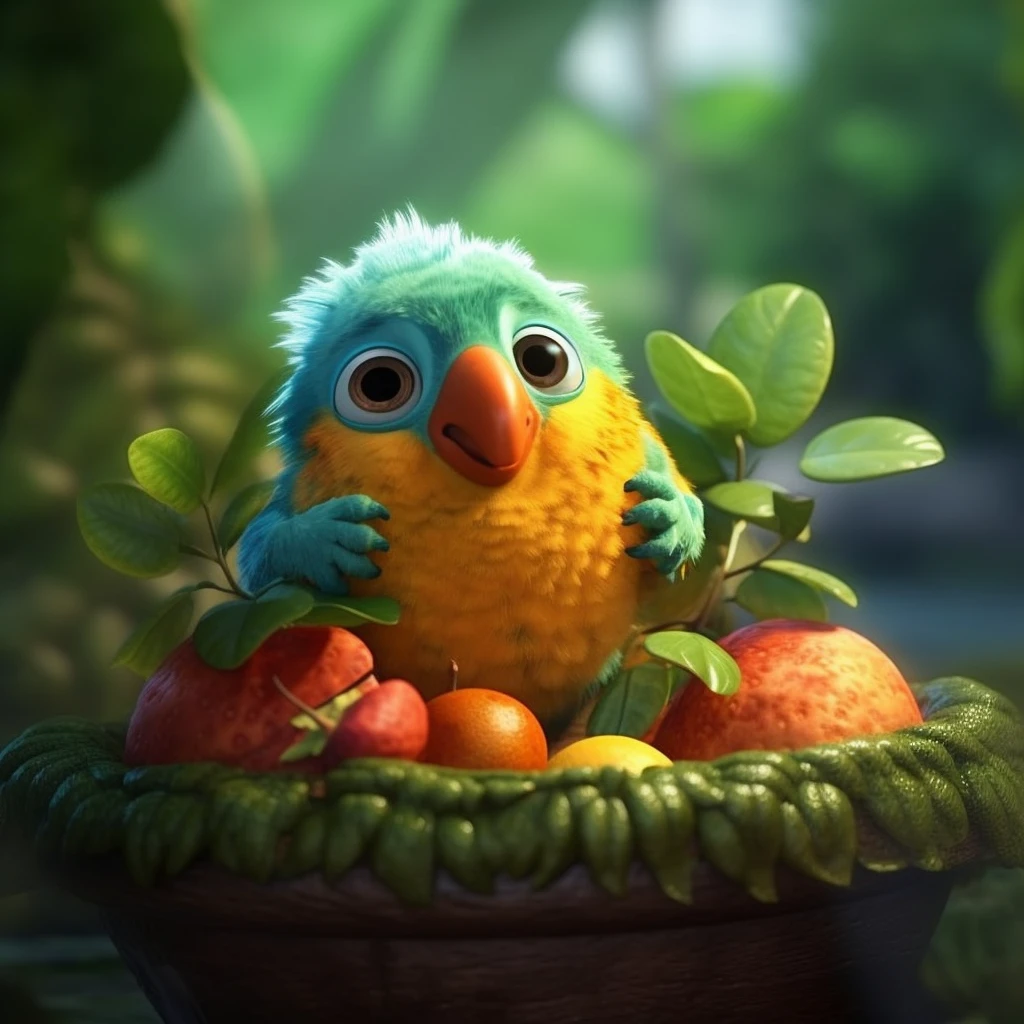 Fruit Flash, Bird Patrol, Cute Character, Pixar style, with (detailed), fantastical, surreal and ((cute)) art style, cool with personality, high quality, high detail, high resolution, 8k