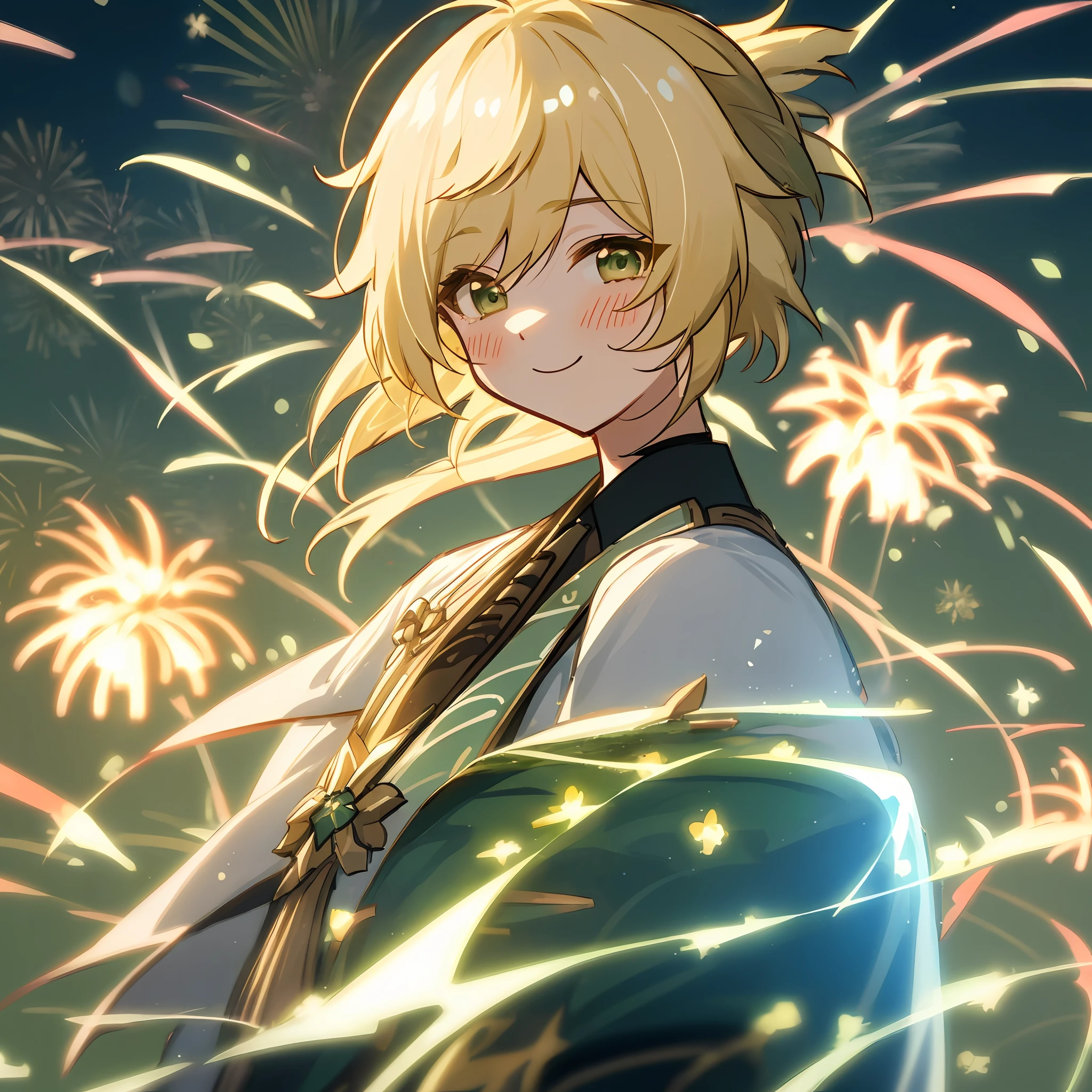 Yoimiya from Genshin Impact, Yoimiya, fireworks, detailed face, detailed hair, blonde, happy, cheerful