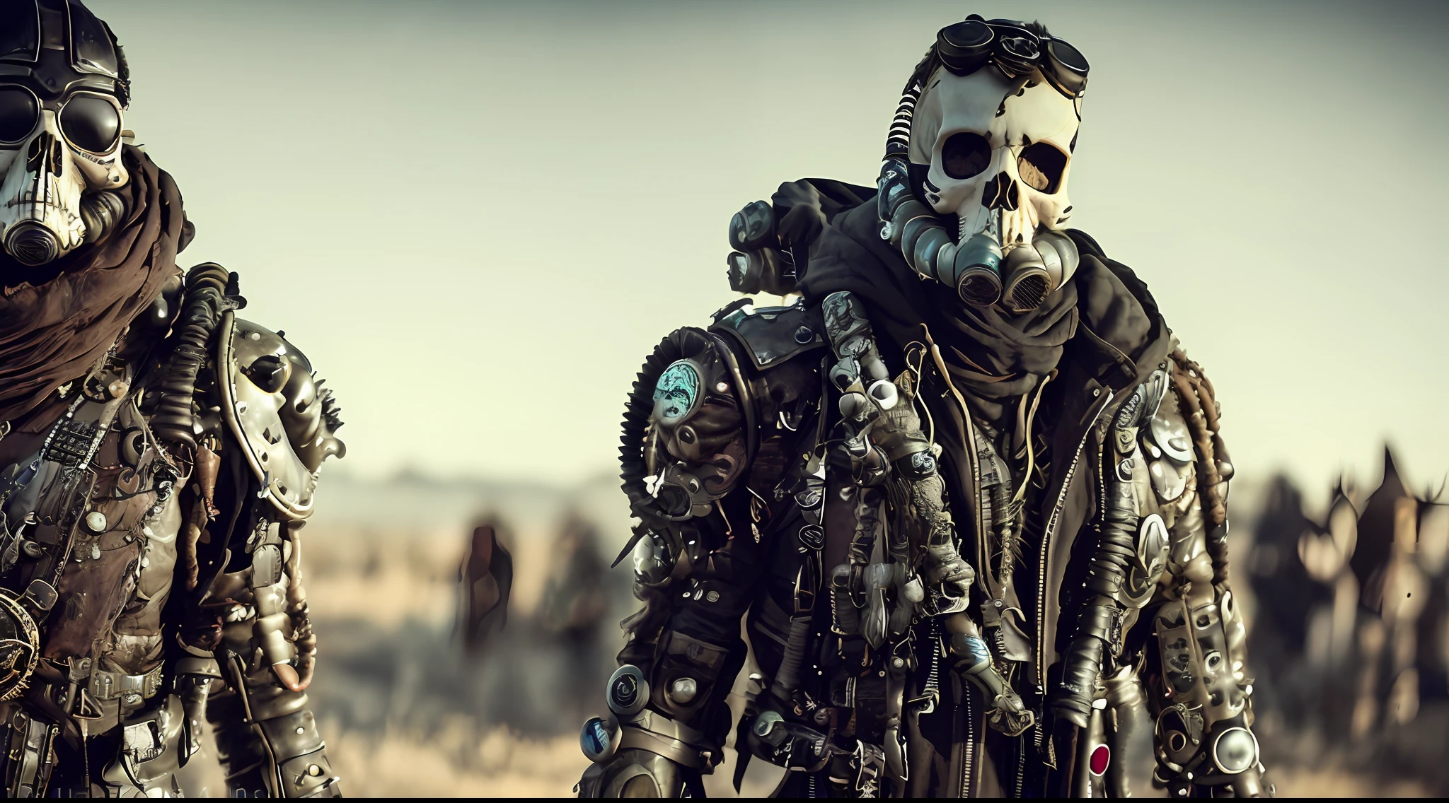 postapocalypse warrior, skull, skeleton, mech, cybertech, 4k, highest quality,grunge aesthetics, grunge textures, washed out colors