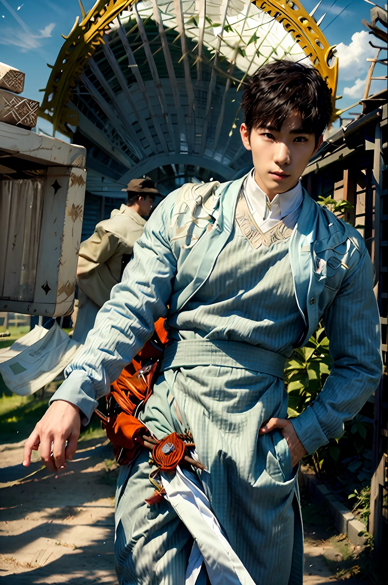 A Young Korean man , 1boy, white skin , detailed skin, 1boy, ((realistic)), abs, good lighting quality, muscle veins, ((pale skin)), footballer, (masterpiece, ultra quality, high resolution, 8k, intricate:1.2), (detailed face:1.2), handsome, , bulge, 1boy,solo, tight jean shirt, with tight navy jeans
, (Meadow, moon, Clouds, Field, Farming, Starlight, Walking trail)