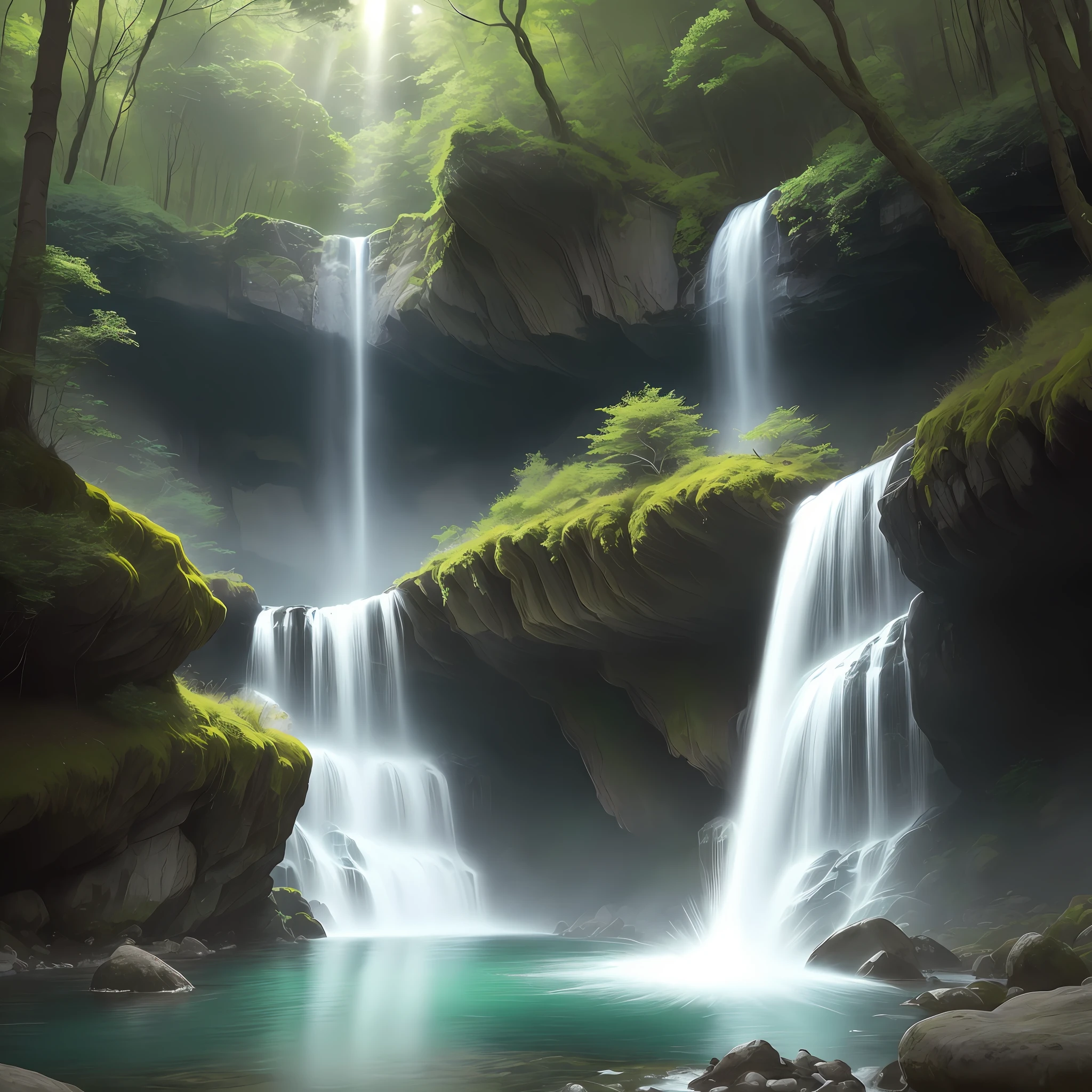 A majestic waterfall pours its crystal clear waters from a dizzying height. The force of the fall creates a mist that envelops the landscape, creating a mystical and refreshing environment. The rugged rocks, covered with mosses and lush vegetation, seem to welcome the water with gentleness. Rays of the sun pierce through the leaves of the trees, creating beams of light that dance over the turbulent waters. The deafening sound of the waterfall echoes through the forest, bringing a sense of peace and renewal.