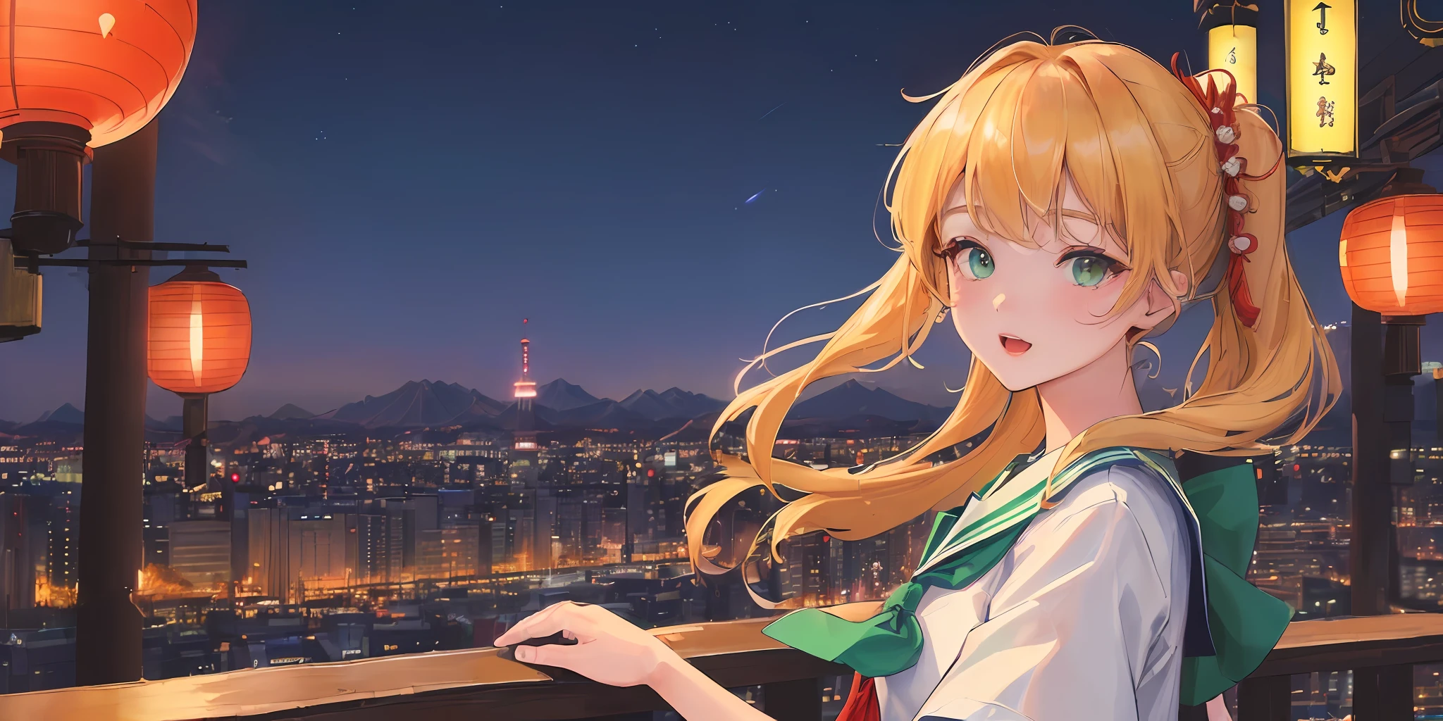 (((masterpiece: 1.5, best quality, high resolution: 1.3, super resolution, super detailed, ultra detailed:1.3, rich background:1.2))), 1girl, solo, green eyes, blonde long hair tied with blue ribbon, blunt bangs, cute hairpin, school uniform, white serafuku, red sailor collar, short sleeves, blue pleated skirt, (outdoor), ((downtown)), (crowd), ((japan vibes: 1.3)), scenery, ((nighttime)), dark, (lowlight: 1.1), moon, (moonlight: 1.2), ((dynamic light: 1.4))