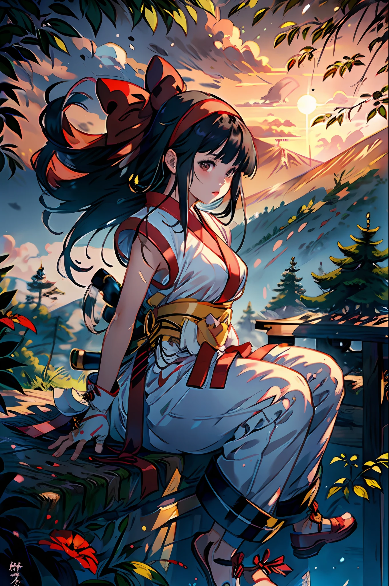 masterpiece, best quality,1girl, red bow, bow, long hair, hair bow, ainu clothes, solo, hairband, bird, black hair, fingerless gloves, short sleeves, gloves, sash, pants, bangs, red hairband, weapon, breasts, brown eyes, white pants, japanese clothes, nakoruru, light smile, officials art, good composition, official pose, detailed portrait, portrait, bokeh, mountain background with cloud, pencil style, traditional brush, samurai, onmyoji style, high resolution, dramatic lighting and shadow, high contrast, sun