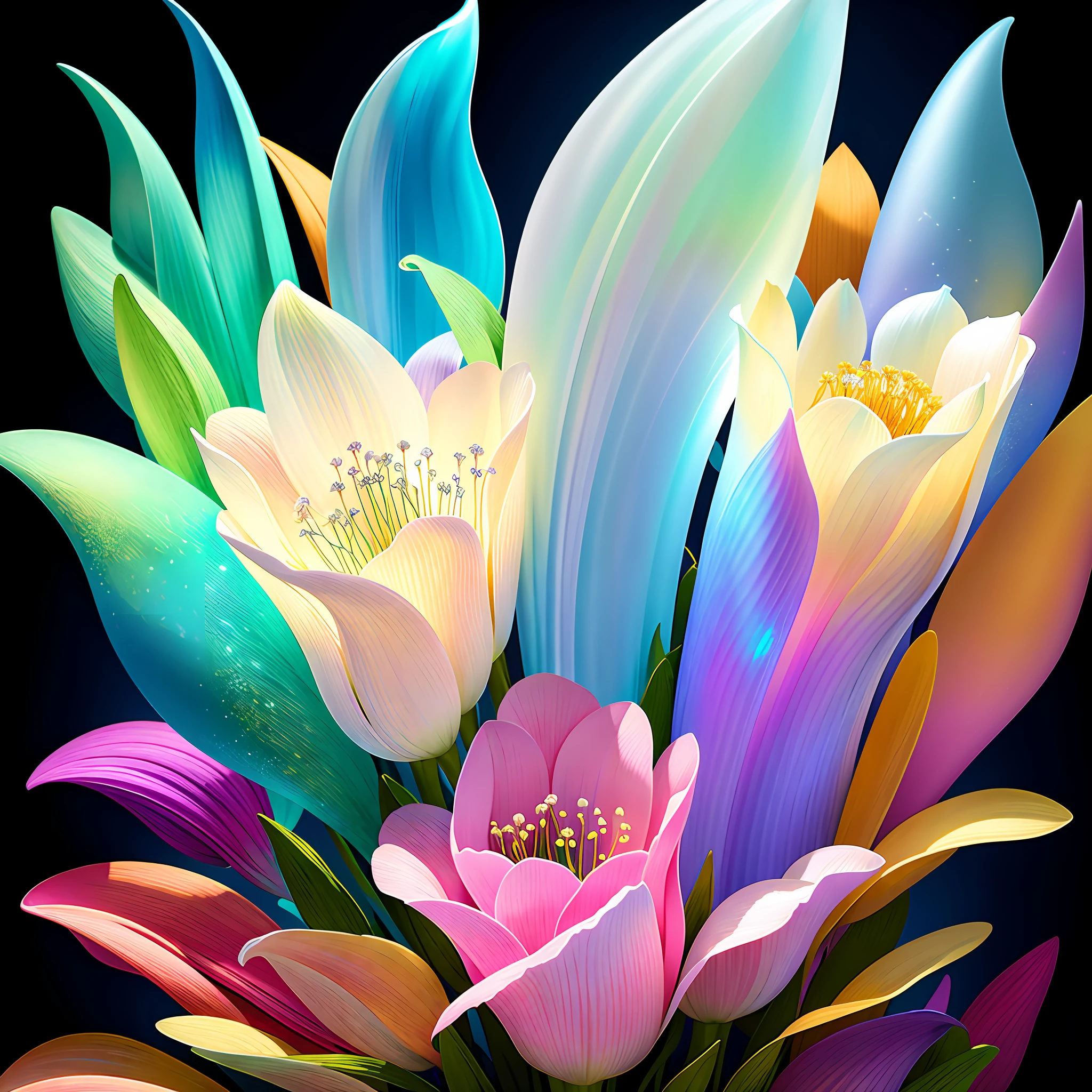 bouquet of delicate colorful flowers, super transparent, holy light, beautiful spectral light, petals glow, flashing, dark background, transparent light drops, reflective light, bright, light flowing in, optics, portrait profile, sharp focus, magical, intricate, ultra realistic, fantasy, composition, light, trend in artstation, pearl, silver vapor patronus cloud, corrosive enveloping ray family, 8k, ureal air 23v4 uplight