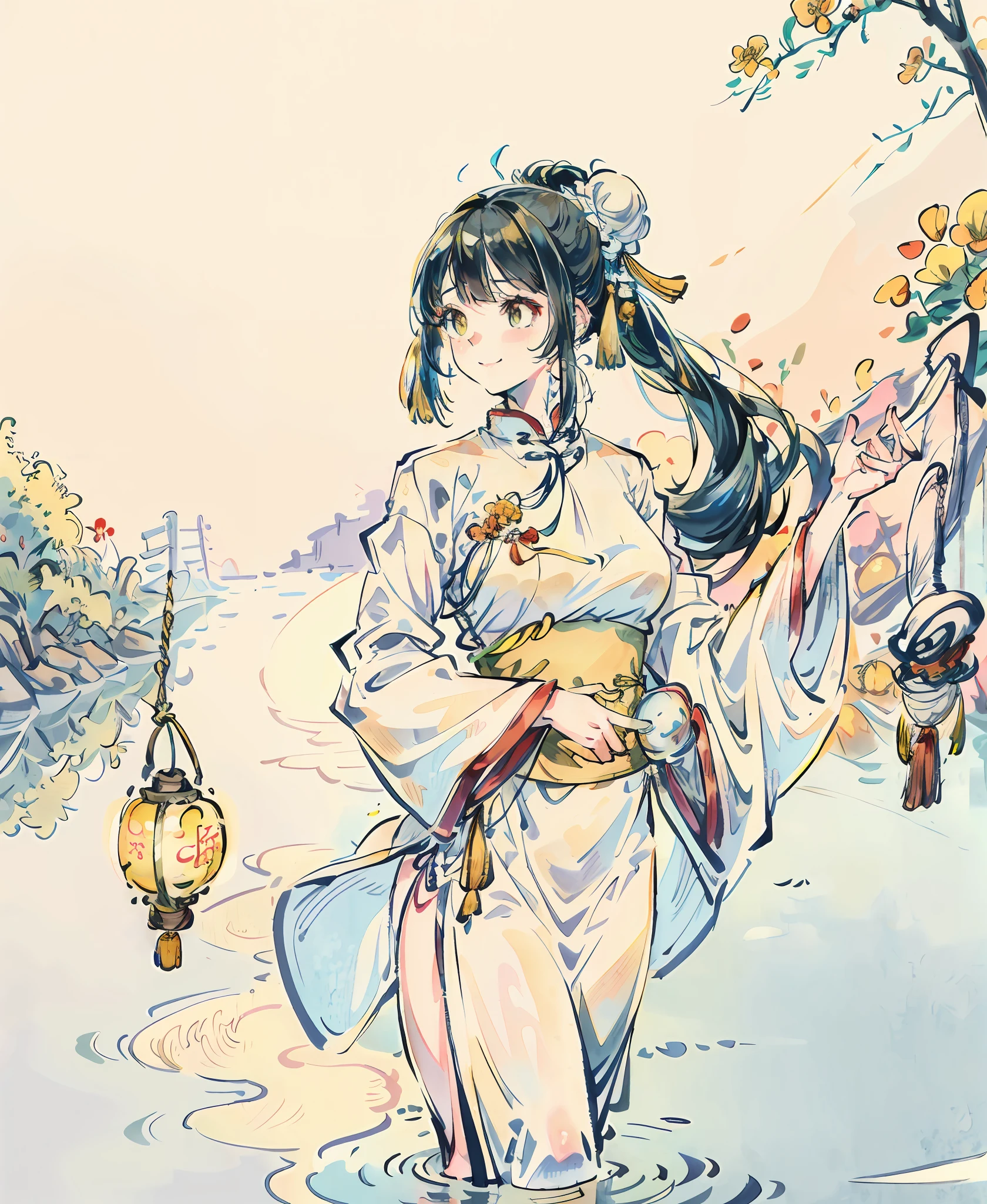 (Ultra High Resolution, Realistic, Realistic, Best Quality, Realistic), (High Detail Skin, Visible Pores), (Anime), (((Yellow and White Hanfu, Chinese Style))), Realistic, Simple Background, Carrying a Lantern (8K, Original Photo, Best Quality, Masterpiece), (1 Girl), Photon Mapping, Radiosity, Physically Based Rendering, Auto White Balance, ((Unforgettable Smile, Long Hair))), Watery Eyes, (Blushing|Cute Playfulness|Moe|Skinny|Thick Bangs|Beauty| Double ponytail|bun,), (looking at the audience), (the iris and pupil are round, the pupil is reflected around, and the size of the eyes is not the same),