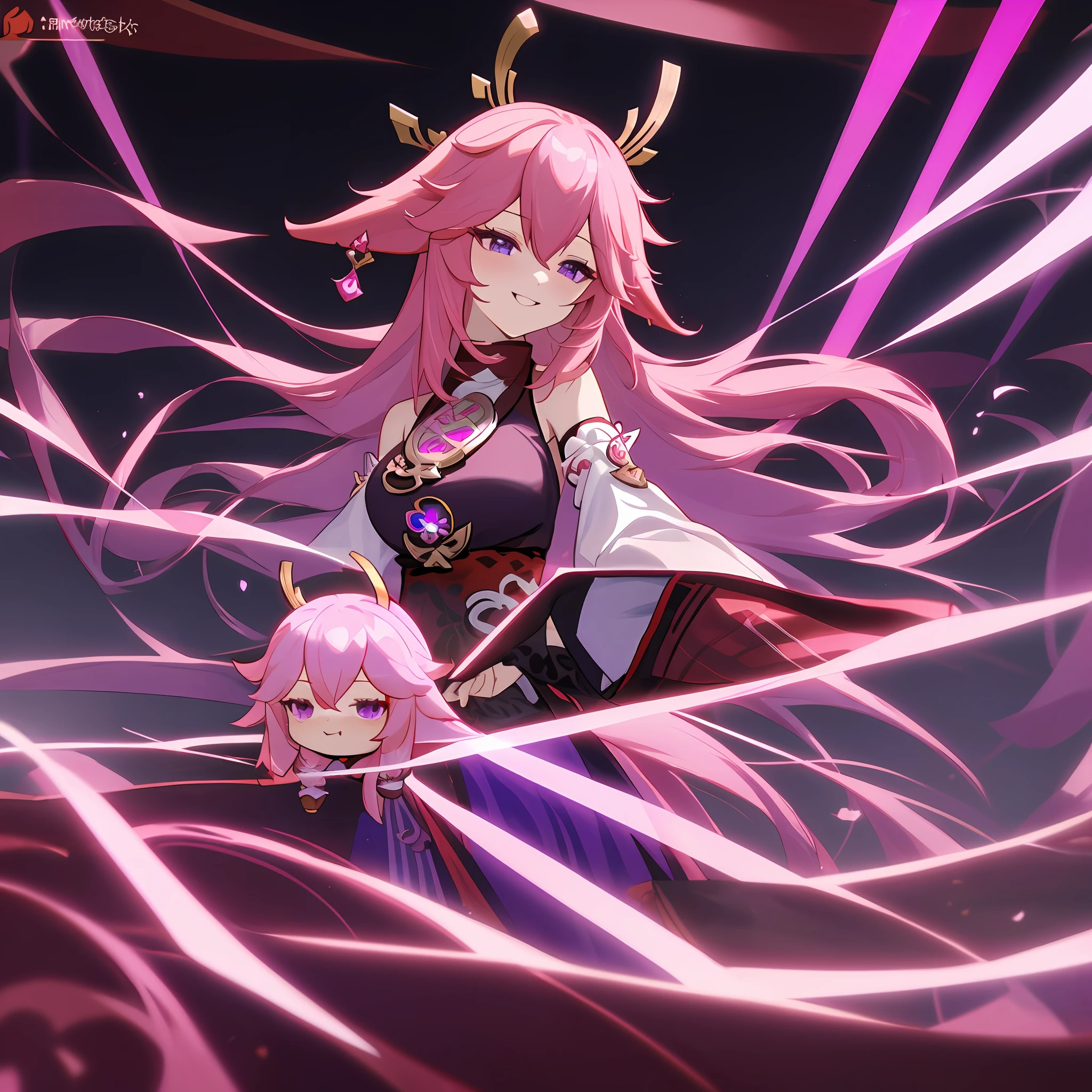 Yae Miko, Yae Miko from Genshin Impact, beautiful face, purple eyes, pink hair, fox ears, greedy smile, half body