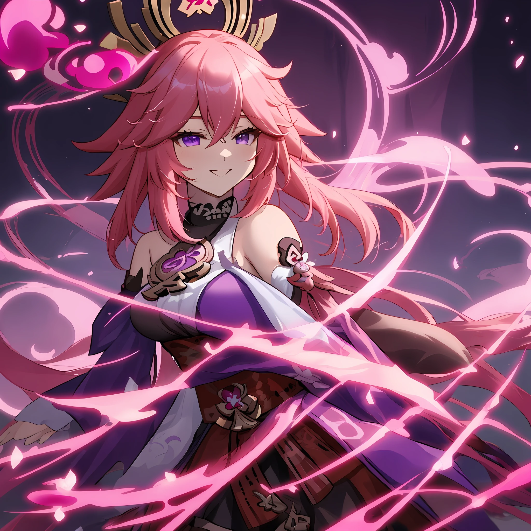 Yae Miko, Yae Miko from Genshin Impact, beautiful face, purple eyes, pink hair, fox ears, greedy smile, half body