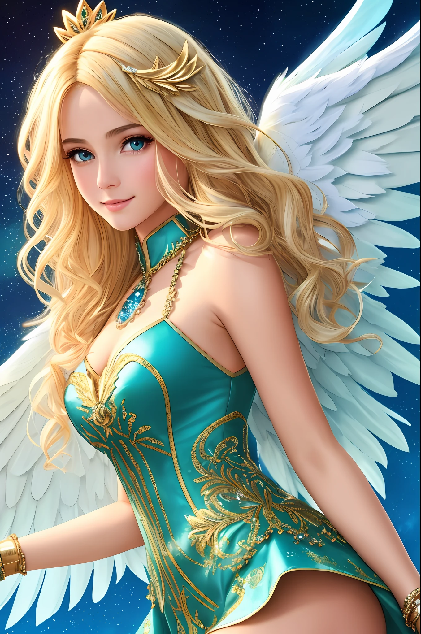 Beautiful teenager, feminine, blonde hair, extremely detailed, super realistic, masterpiece, 8k, long hair, short hair, spiky hair, blue pupils, long fringe tail to the sides, cute, cartoon halo, detailed green yellow dress, angel wings, large wings, smiling, golden bracelets on the arms and legs, elegant boots, adult woman, realistic clouds, luminosity of the sky,  1 blue spot on each cheek