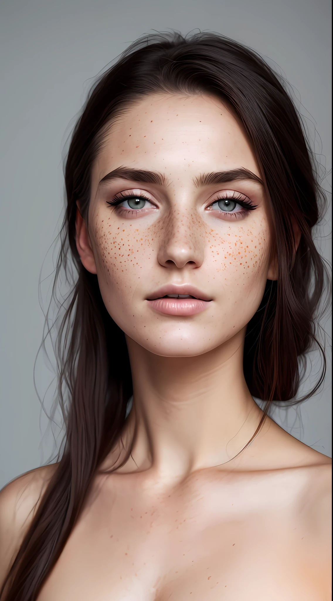 Beautiful lady, freckles, dark makeup, hyper-detailed photography, soft light, head and chest portrait, collarbone, elastic, best quality, (detailed beautiful face, detailed skin texture, ultra-detailed body:1.1)