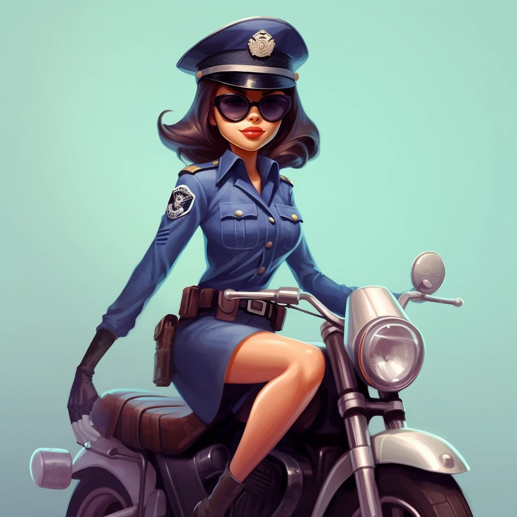 Cartoon style, cute illustrations, quirky, Disney princess dressed in a policewoman doubleboard, leaning on a police motorcycle to pose cool poss