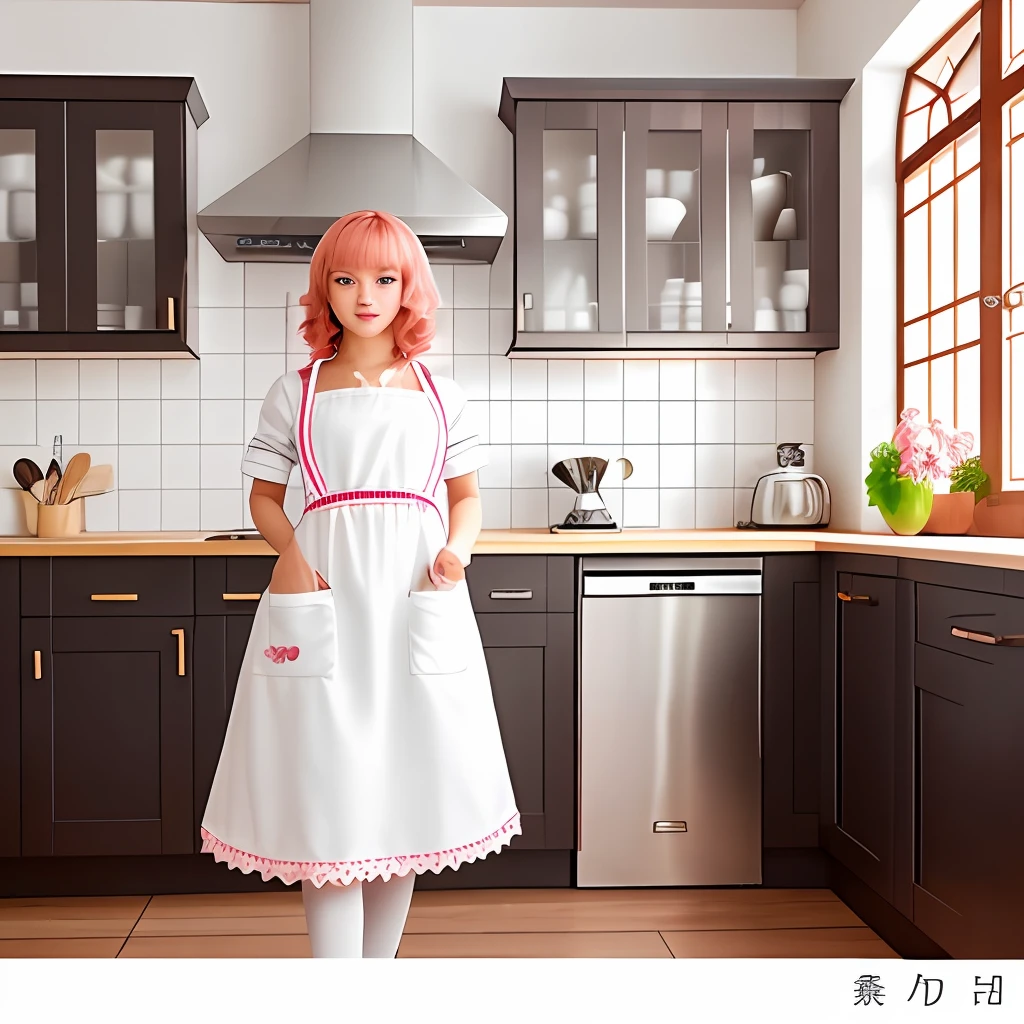 Extreme picture quality, digital, 8K ultra-clear, shining details. 1 female in the center of the picture, Mars spots, naughty and playful, hair cut short, amazing figure, obvious feminine features, plump and attractive, white apron, burning passion. Choose gray-blonde, ginger or pink hair, which perfectly reflects the temperament of a maid. Various kitchen utensils are displayed in the picture. The camera will tease the maid at the right angle.