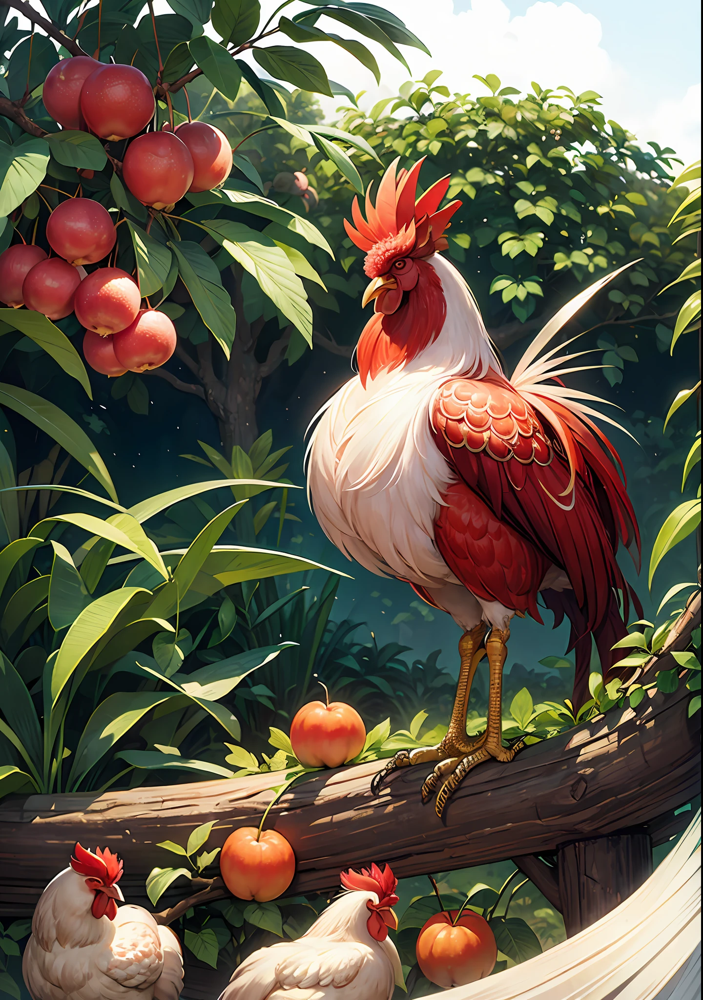 There is a rooster standing on a lychee branch with lychee fruit, king of roosters, chicken, rooster, fruit and feathers, there are fruit trees, rooster!!!!, spectacular quality, harmony of nature, elaborate composition, fruit trees, turkey, beautiful view, photo rendering, chicken, beautiful, illustration of rooster, aerial view, permaculture