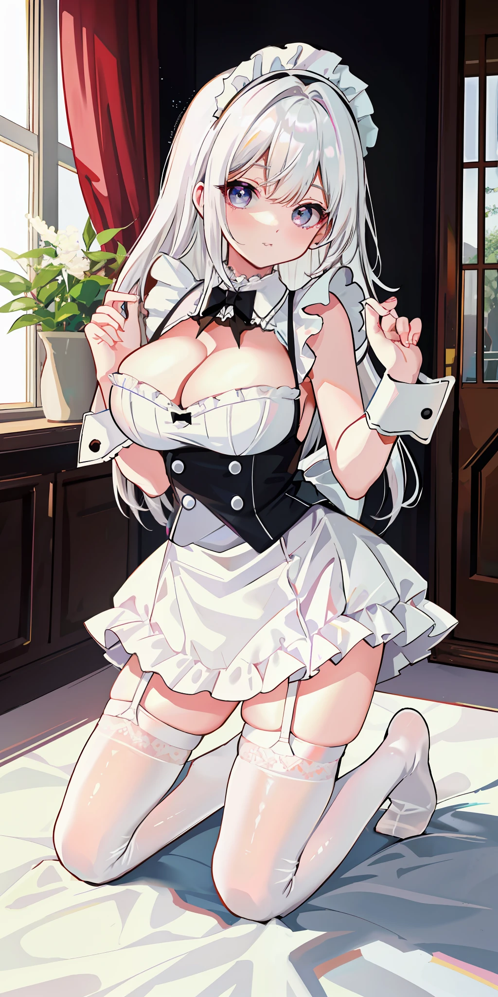 White hair, maid outfit, sexy and cute appearance, soft and cute body, white stockings, bare feet, strangle, whole body, loli kneeling, big breasts, cleavage