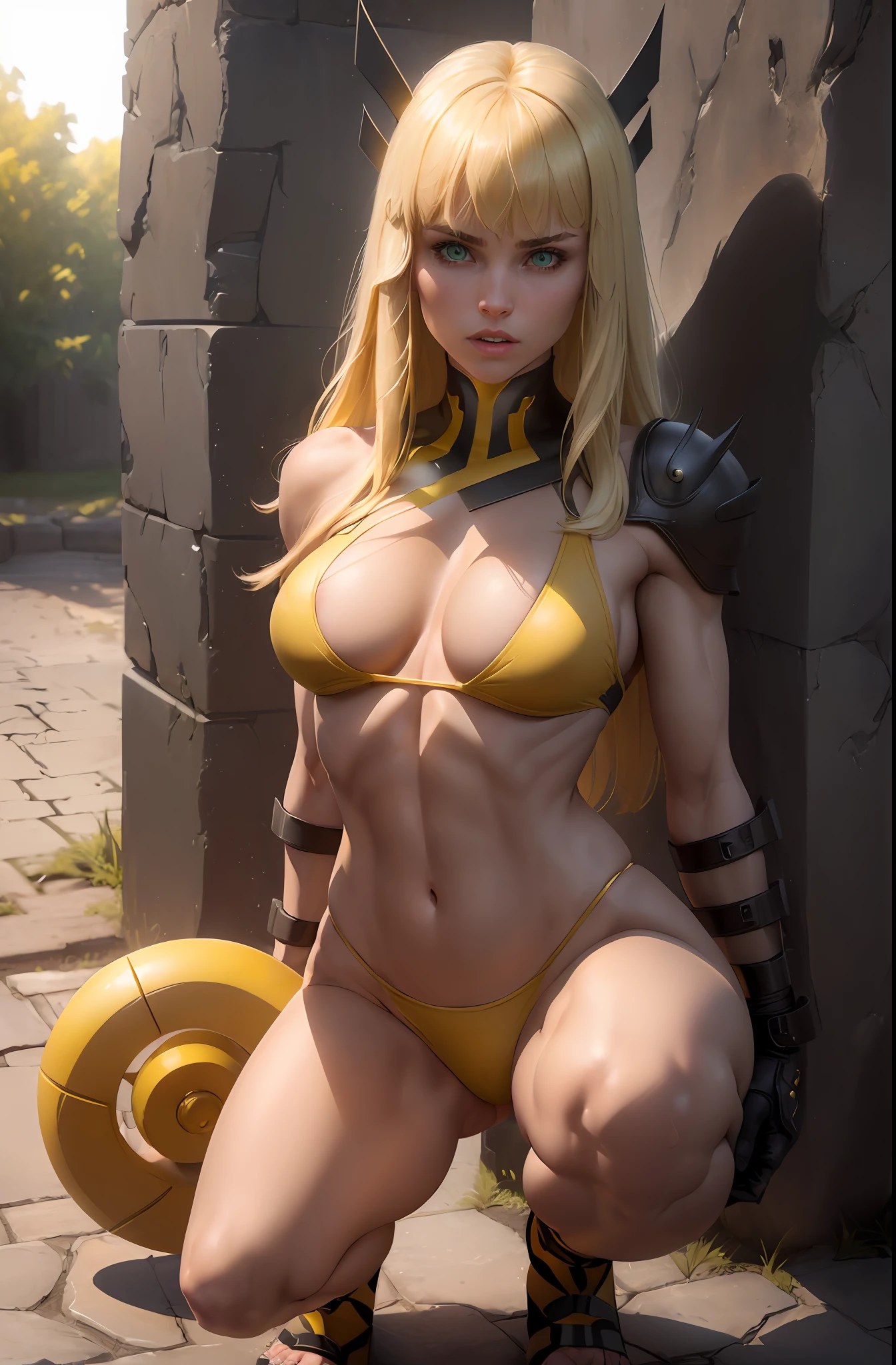 1girl (magik), green eyes, long blonde hair with bangs, medium breasts, strong toned body, yellow and black bikini showing shoulders, squatting in public area, peeing, ("Masterpiece, high quality, detailed, high resolution, 4k, 8k, realistic skin texture, amazing shadows, perfect lighting, hyper-realistic.")
