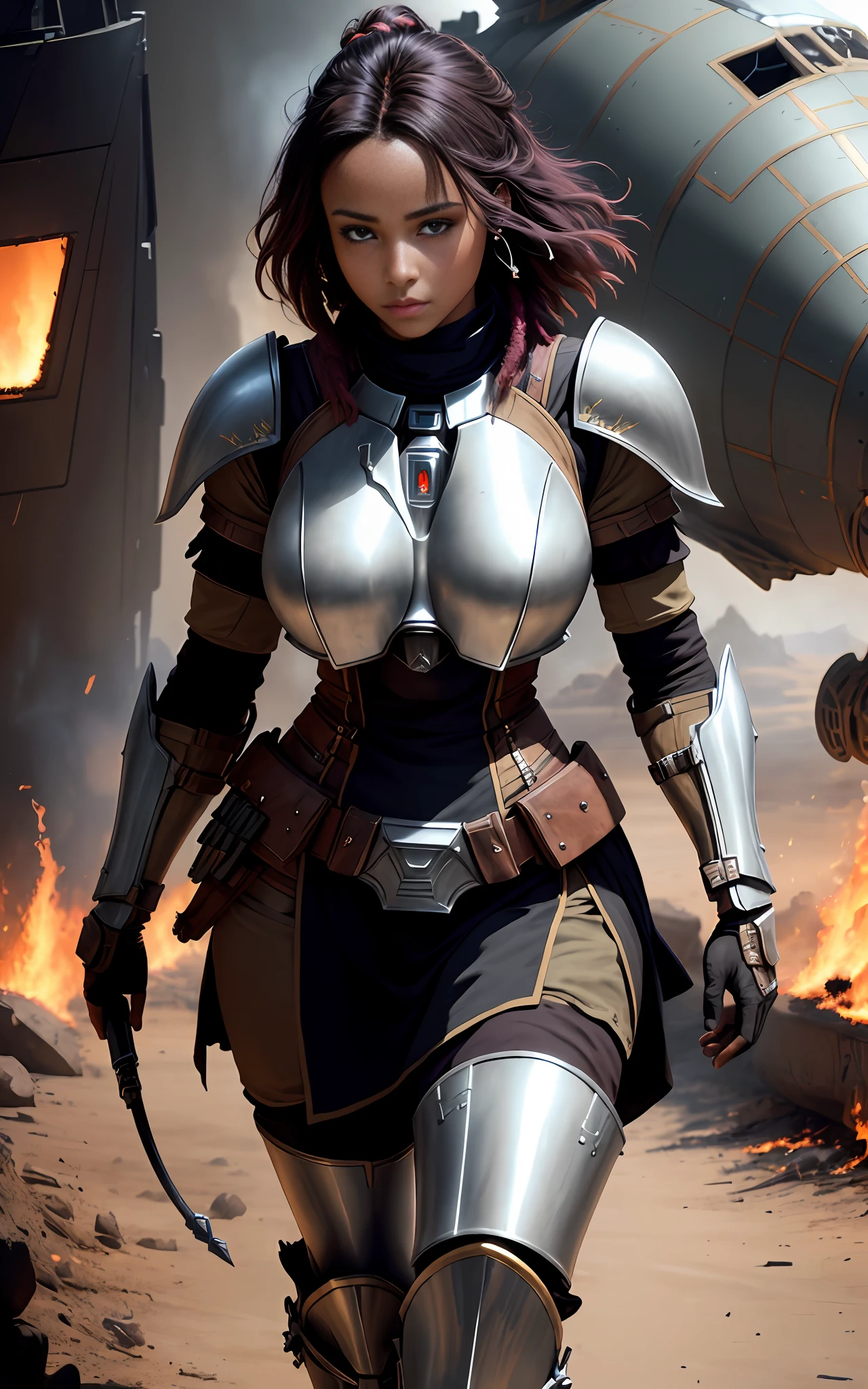 ((realistic image of beautiful young African warrior)), slight smile, ((walking naturally, in front of a burning fallen spaceship)), wearing rusty Mandalorian armor, short dreadlock hair, leather boots, dark background lighting, close-up, detailed facial details, perfect face, sharpness, trend art, sharp facial details, ultra high quality, line art, high fantasy, exquisite, 4k, soft lighting 8k, dreamer --iso 100, anime, line art (extremely detailed 8k wallpaper), image a noble lady, wearing a mandalorian armor, dramatic lighting and shadows, 8k resolution, intricate, high detail, dramatic, mandalorian, female solo, natural hands, whole body, serene look, gauntlets, gloves, breastplate, mandalor armor, black gloves, serene face, armor vest, (disrrupitor rifle on the back), thick waist, huge breasts