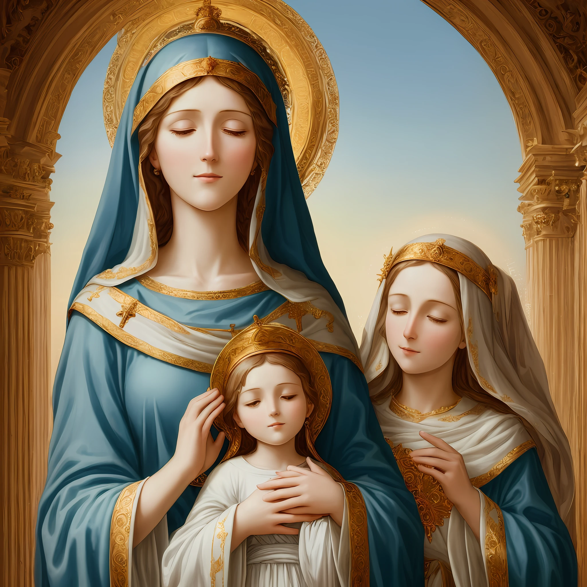Create a realistic and beautiful image of Mary, Mother of God, with a serene and peaceful expression. She should be portrayed as a strong and loving woman with an aura of grace and courage.