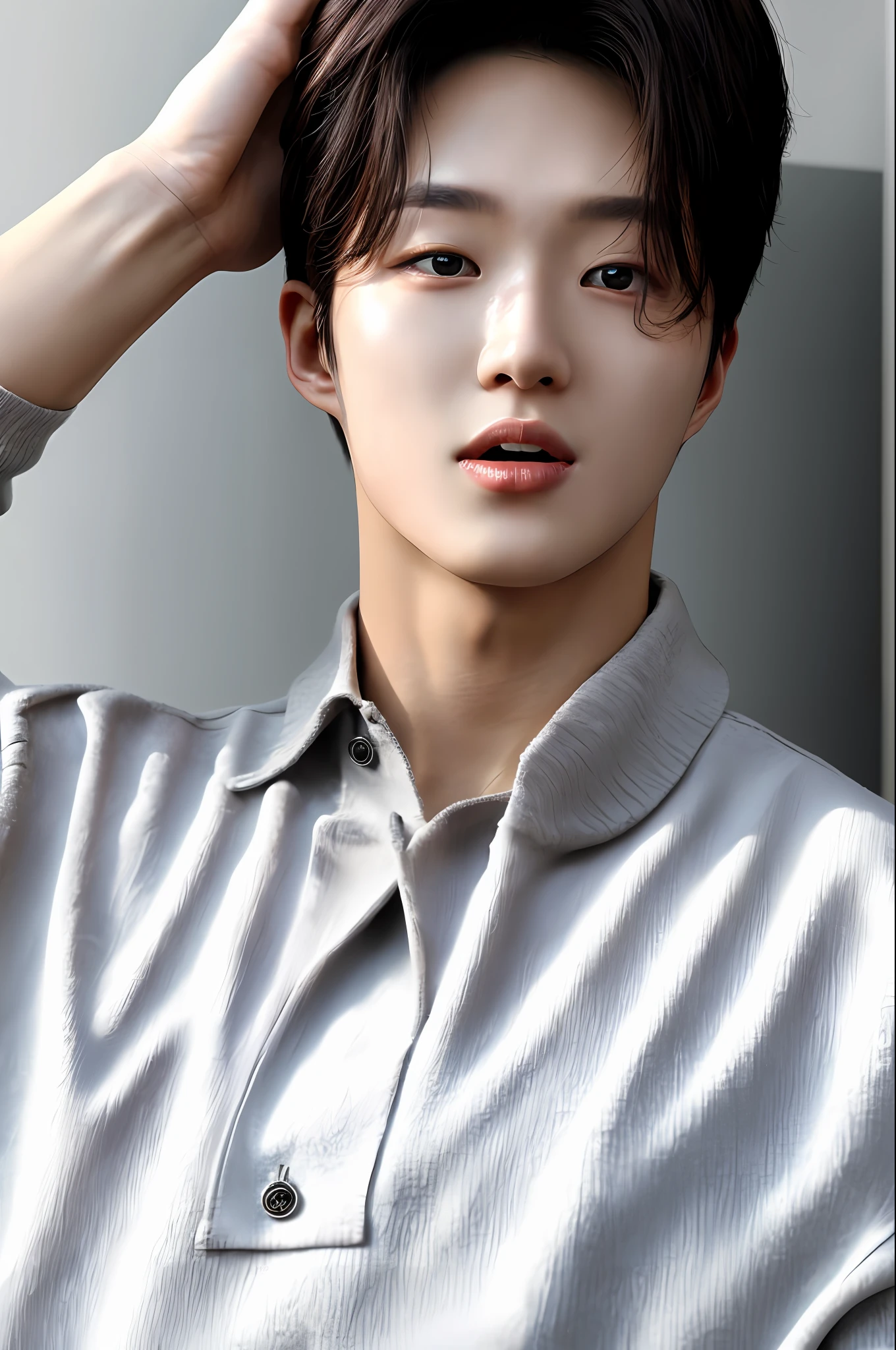 oppav3, (masterpiece, ultra quality, high resolution, 8k, intricate: 1.2), (detailed face:1.2), handsome, Young Korean man ,white skin, double eyelids , detailed skin, 1boy, ((realistic)) good lighting quality, ((pale skin)),front facing, , (open mouth and tongue out:1.2), (ultra realistic:1.2), (close-up photo:1.1), lust face, (eyes looked up:1.4) ,