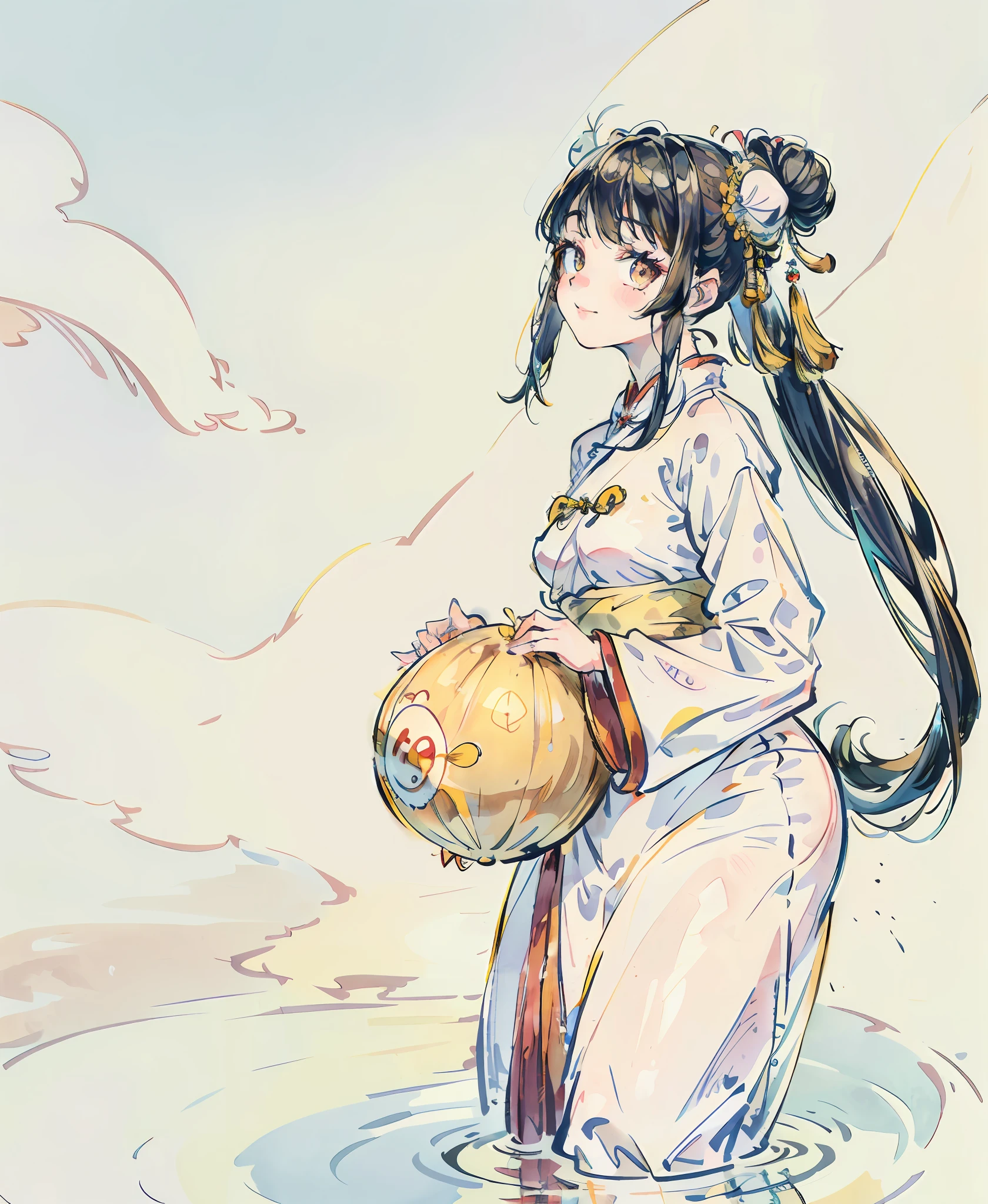 (Ultra High Resolution, Realistic, Realistic, Best Quality, Realistic), (High Detail Skin, Visible Pores), (Anime), (((Yellow and White Hanfu, Chinese Style))), Realistic, Simple Background, Carrying a Lantern (8K, Original Photo, Best Quality, Masterpiece), (1 Girl), Photon Mapping, Radiosity, Physically Based Rendering, Auto White Balance, ((Unforgettable Smile, Long Hair))), Watery Eyes, (Blushing|Cute Playfulness|Moe|Skinny|Thick Bangs|Beauty| Double ponytail | bun,), (looking at the audience), (iris and pupil are round, pupil reflection around, eye size is not the same), flat-chested girl