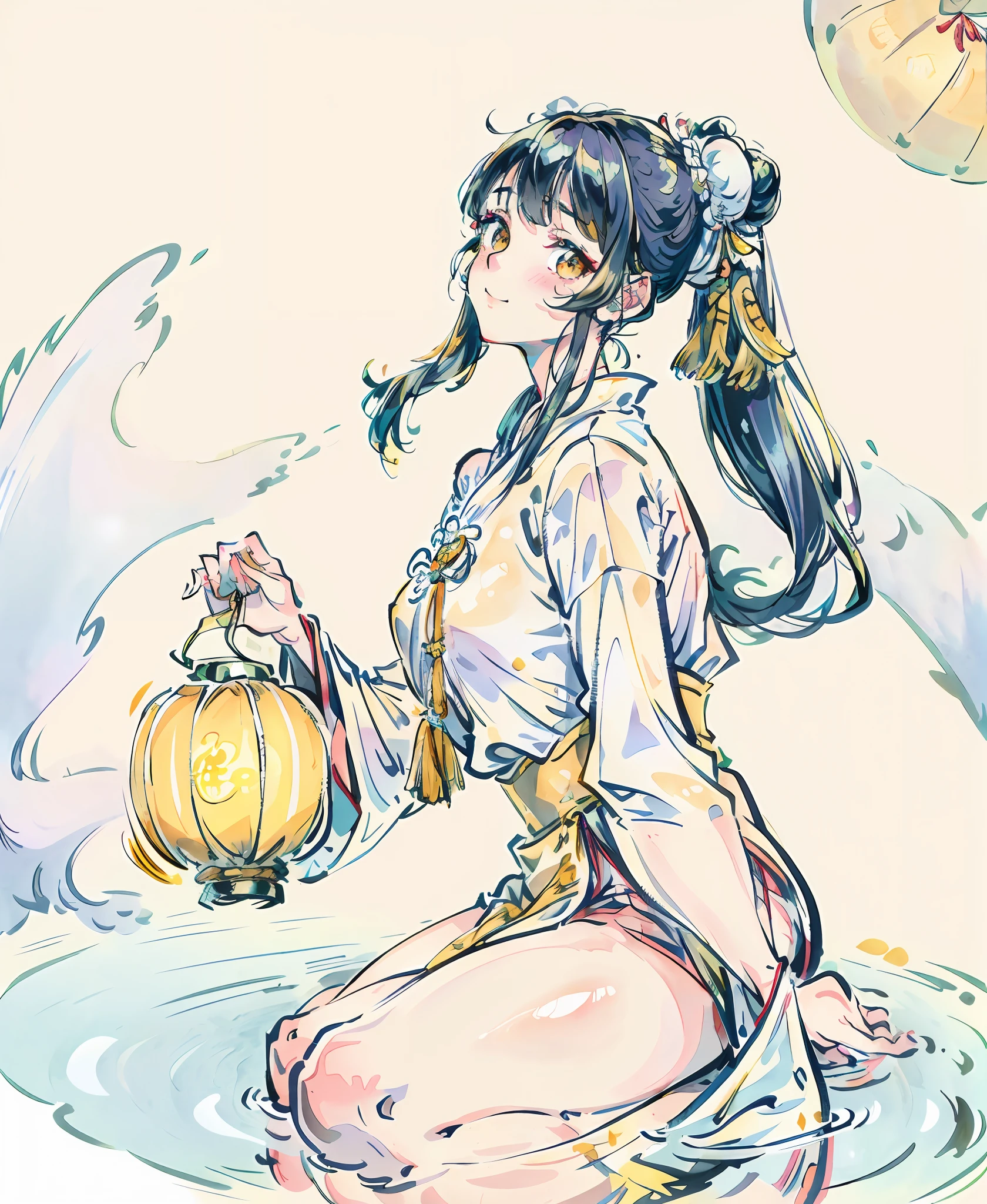 (Ultra High Resolution, Realistic, Realistic, Best Quality, Realistic), (High Detail Skin, Visible Pores), (Anime), (((Yellow and White Hanfu, Chinese Style))), Realistic, Simple Background, Carrying a Lantern (8K, Original Photo, Best Quality, Masterpiece), (1 Girl), Photon Mapping, Radiosity, Physically Based Rendering, Auto White Balance, ((Unforgettable Smile, Long Hair))), Watery Eyes, (Blushing|Cute Playfulness|Moe|Skinny|Thick Bangs|Beauty| Double ponytail | bun,), (looking at the audience), (iris and pupil are round, pupil reflection around, eye size is not the same), flat-chested girl
