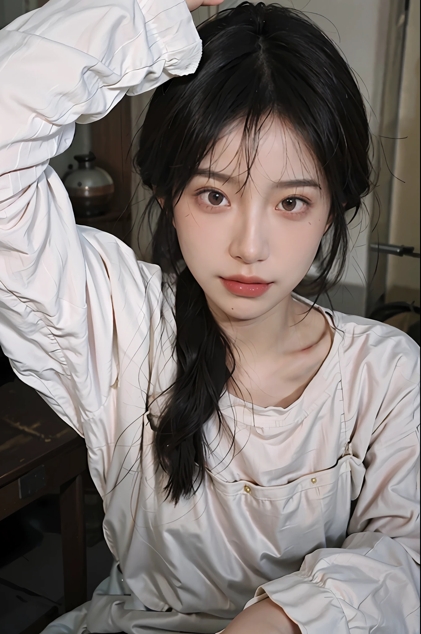 8K, Best Quality, Masterpiece, Ultra High Resolution, (Realism: 1.4), Original Photo, (Realistic Skin Texture: 1.3), (Film Grain: 1.3), (Selfie Angle), 1 Girl, Pink Clothes, Sapphire Color Eyes and Beautiful Face Details, Masterpiece, Best Quality, Close Up, Upper Body