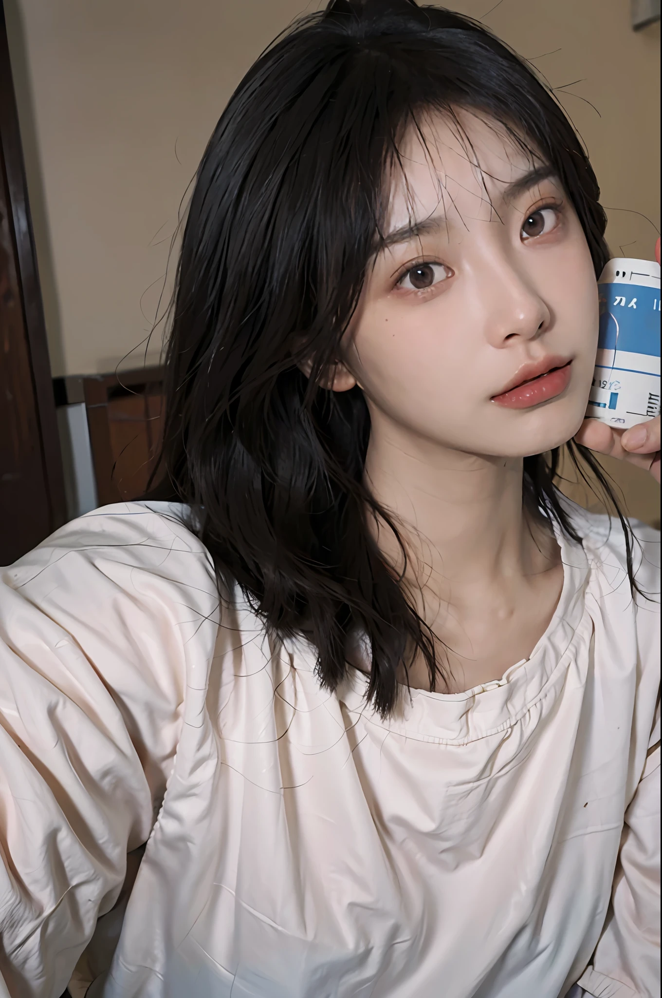8K, Best Quality, Masterpiece, Ultra High Resolution, (Realism: 1.4), Original Photo, (Realistic Skin Texture: 1.3), (Film Grain: 1.3), (Selfie Angle), 1 Girl, Pink Clothes, Sapphire Color Eyes and Beautiful Face Details, Masterpiece, Best Quality, Close Up, Upper Body
