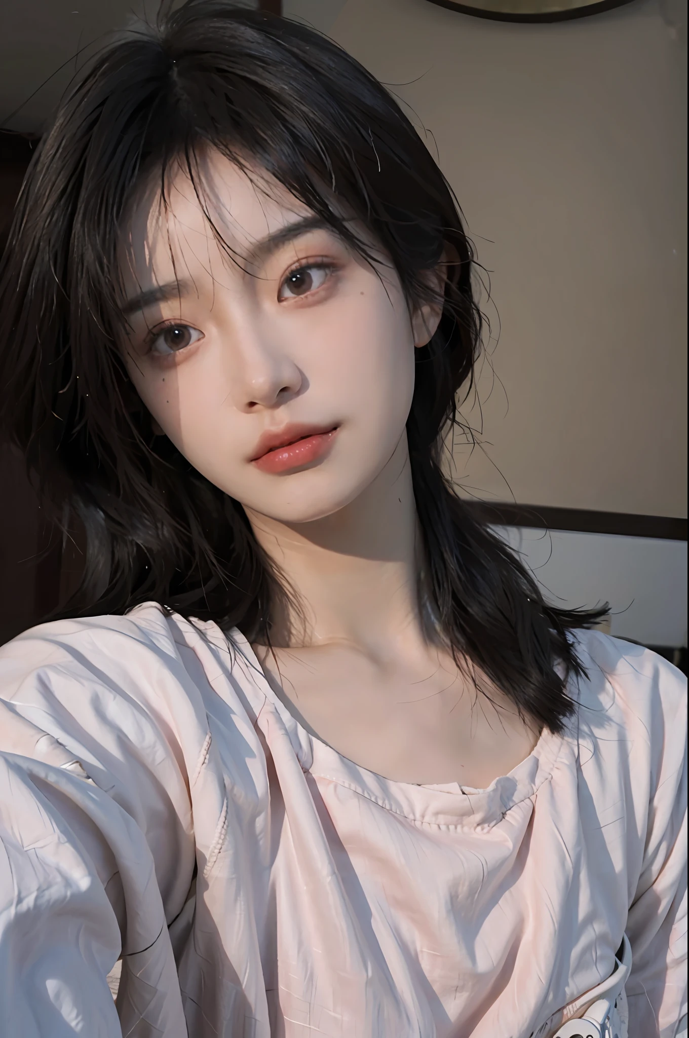 8K, Best Quality, Masterpiece, Ultra High Resolution, (Realism: 1.4), Original Photo, (Realistic Skin Texture: 1.3), (Film Grain: 1.3), (Selfie Angle), 1 Girl, Pink Clothes, Sapphire Color Eyes and Beautiful Face Details, Masterpiece, Best Quality, Close Up, Upper Body