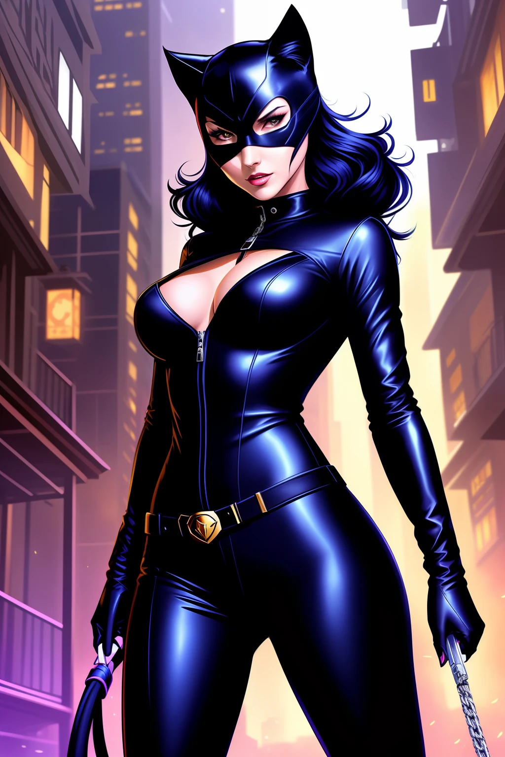 digital art like Sean Murphy, Catwoman fidelity to DC comics drawings, sensual, aggressive, intense, crazed catwoman, with sharp claws wanting to scratch whoever is in front of her, has a whip placed in her waist belt and screams meow imitating a cat, she is loose in the luxurious alleys of gotham city with many cats around, detailed, high definicion, ultra resolution, Dark ilumination, intensity, dramatic, panic, 64k,