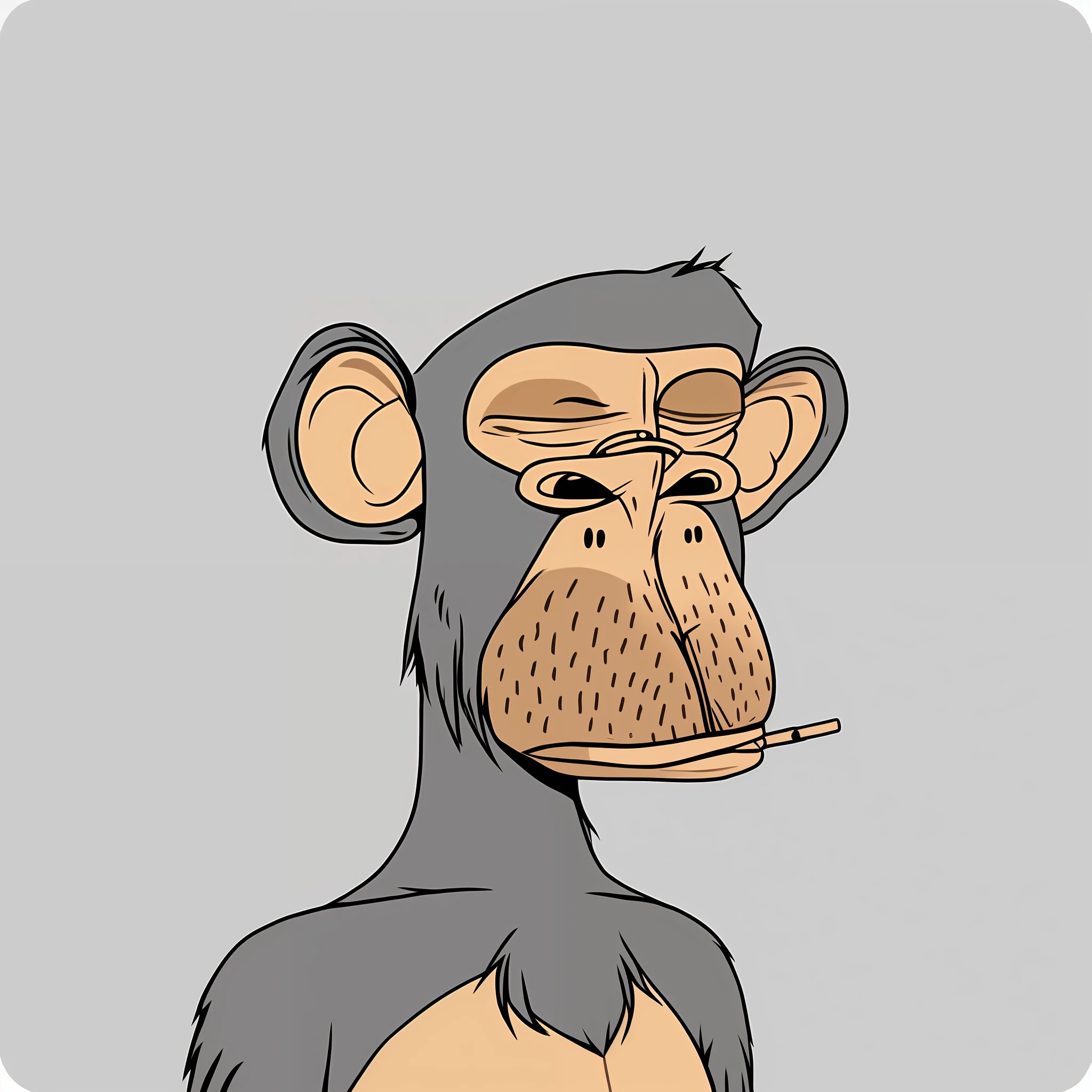 (cartoon chimpanzee head: 1.2), cigarette butt, (black smoke), (primitive little monkey style: 1.3), (Alex Petroek style: 1.3), facial features like monkey, cartoon sketch style, (small nose: 0.8), black-white-gray TONES.