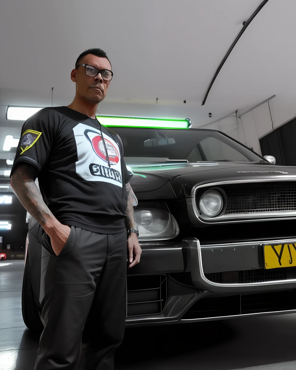 guttonerdvision3, realistic drawing, man poses with his car, cool man of the cyperpunk industry. Kowloon cyberpunk. Handsome man in sports suit. Ultra realistic 4k cool driver