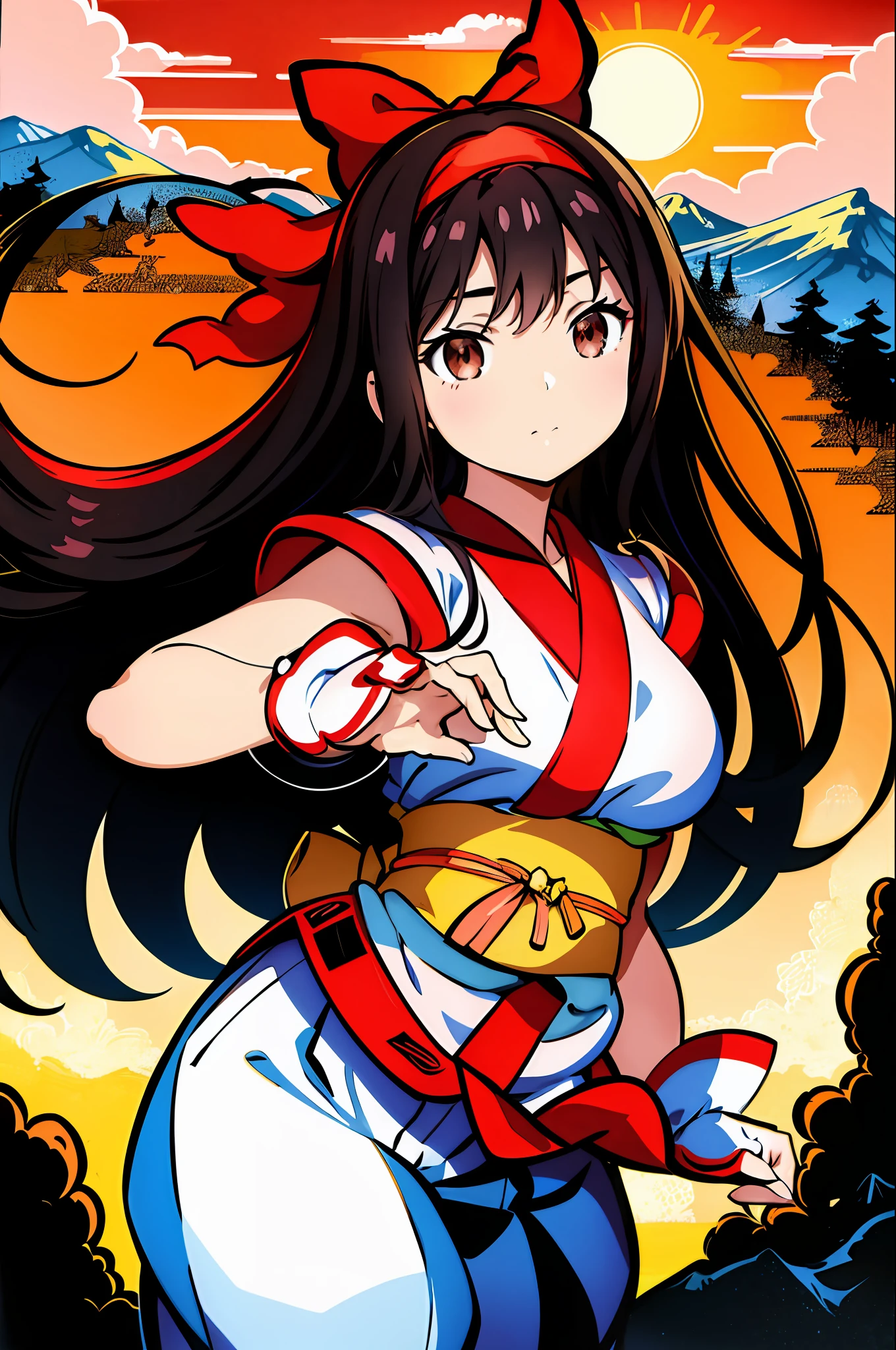 masterpiece, best quality,1girl, red bow, bow, long hair, hair bow, ainu clothes, solo, hairband, bird, black hair, fingerless gloves, short sleeves, gloves, sash, pants, bangs, red hairband, weapon, breasts, brown eyes, white pants, japanese clothes, nakoruru, light smile, officials art, good composition, official pose, detailed portrait, portrait, bokeh, mountain background with cloud, pencil style, traditional brush, samurai, onmyoji style, high resolution, dramatic lighting and shadow, high contrast, sun