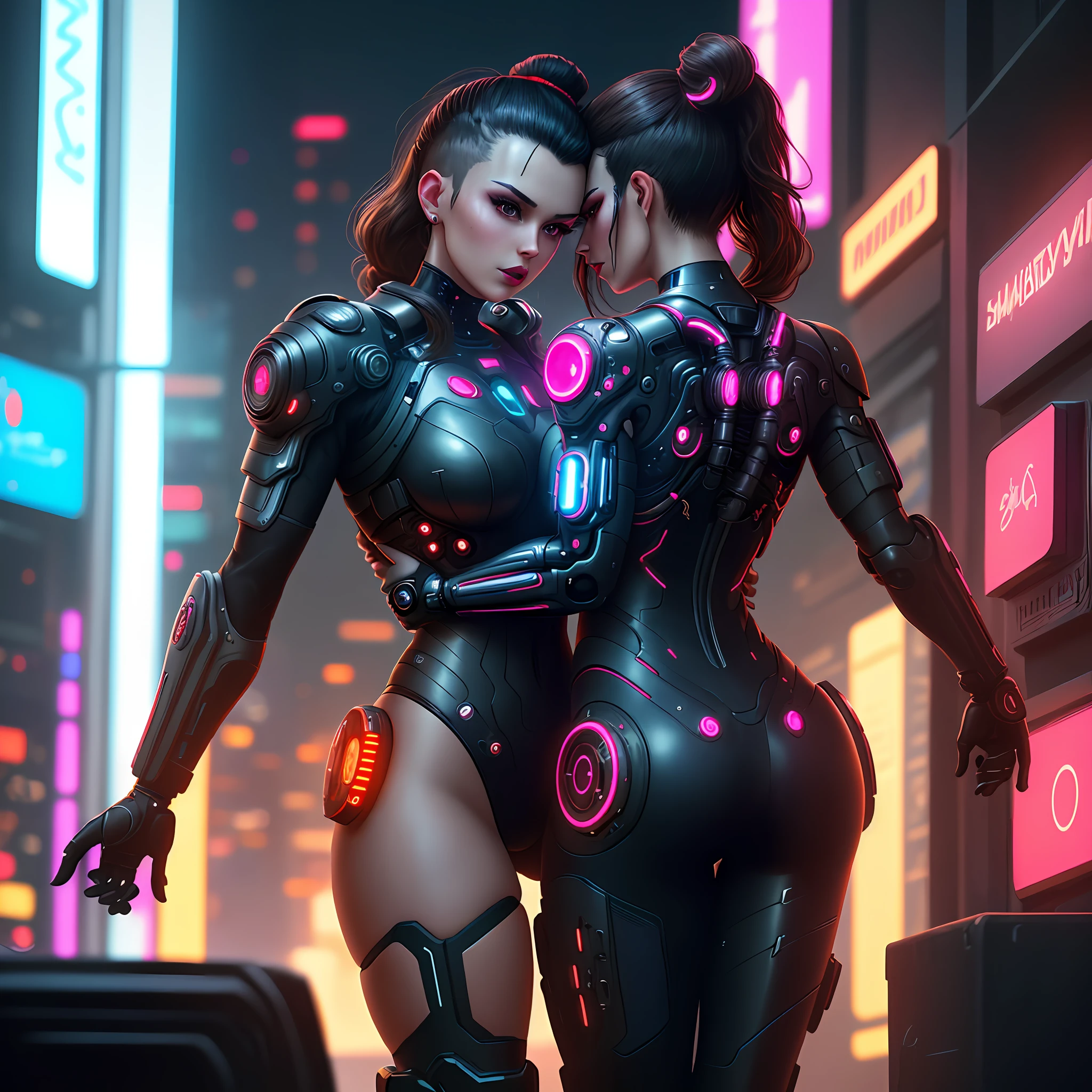 midshot, backview of a stuningly beautiful brunette woman with one high ponytail, hands placed in her lower back, red glossy lips, neon lights, futuristic, full cyborg body, inspired by cyberpunk 2077, highly intricate image, detailed background, bold lights, backlights, volumentric lights, raytracing, dark ambient, 32k resolution, higher quality