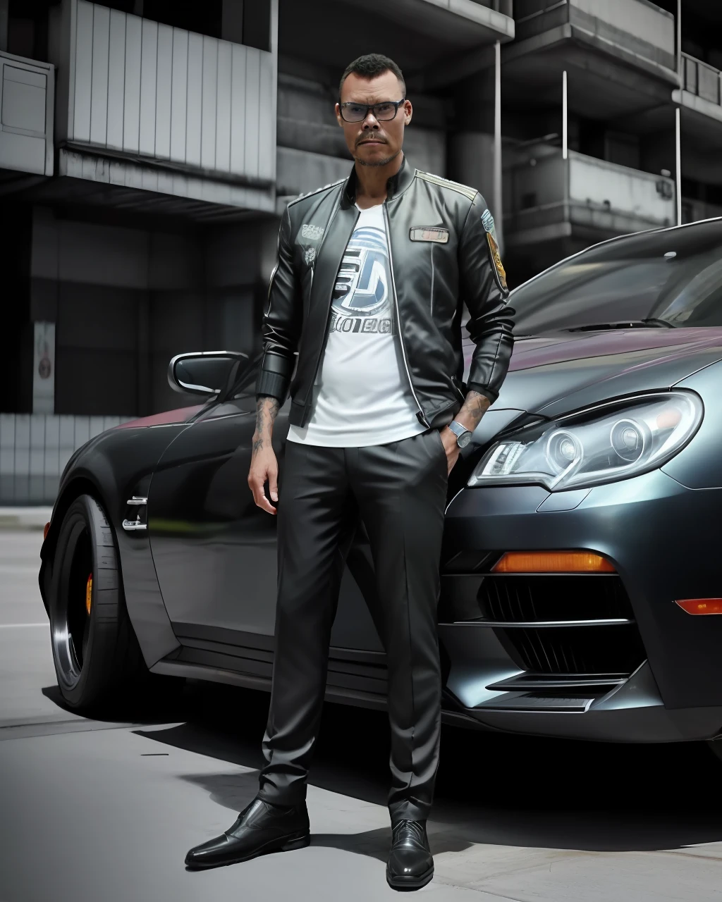 guttonerdvision3, realistic drawing, man poses with his car, cool man of the cyperpunk industry. Kowloon cyberpunk. Handsome man in sports suit. Ultra realistic 4k cool driver