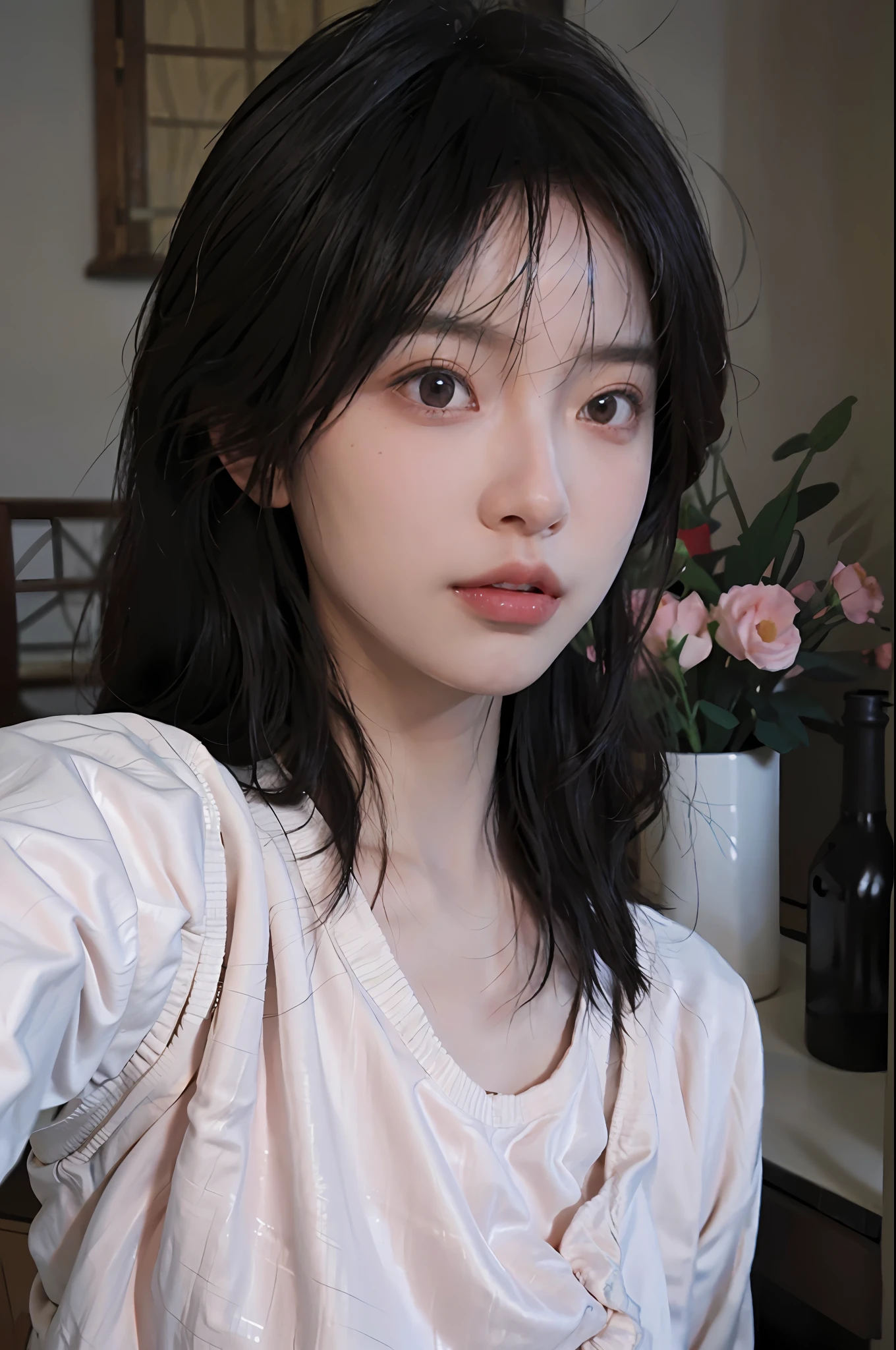 8K, Best Quality, Masterpiece, Ultra High Resolution, (Realism: 1.4), Original Photo, (Realistic Skin Texture: 1.3), (Film Grain: 1.3), (Selfie Angle), 1 Girl, Pink Clothes, Sapphire Color Eyes and Beautiful Face Details, Masterpiece, Best Quality, Close Up, Upper Body