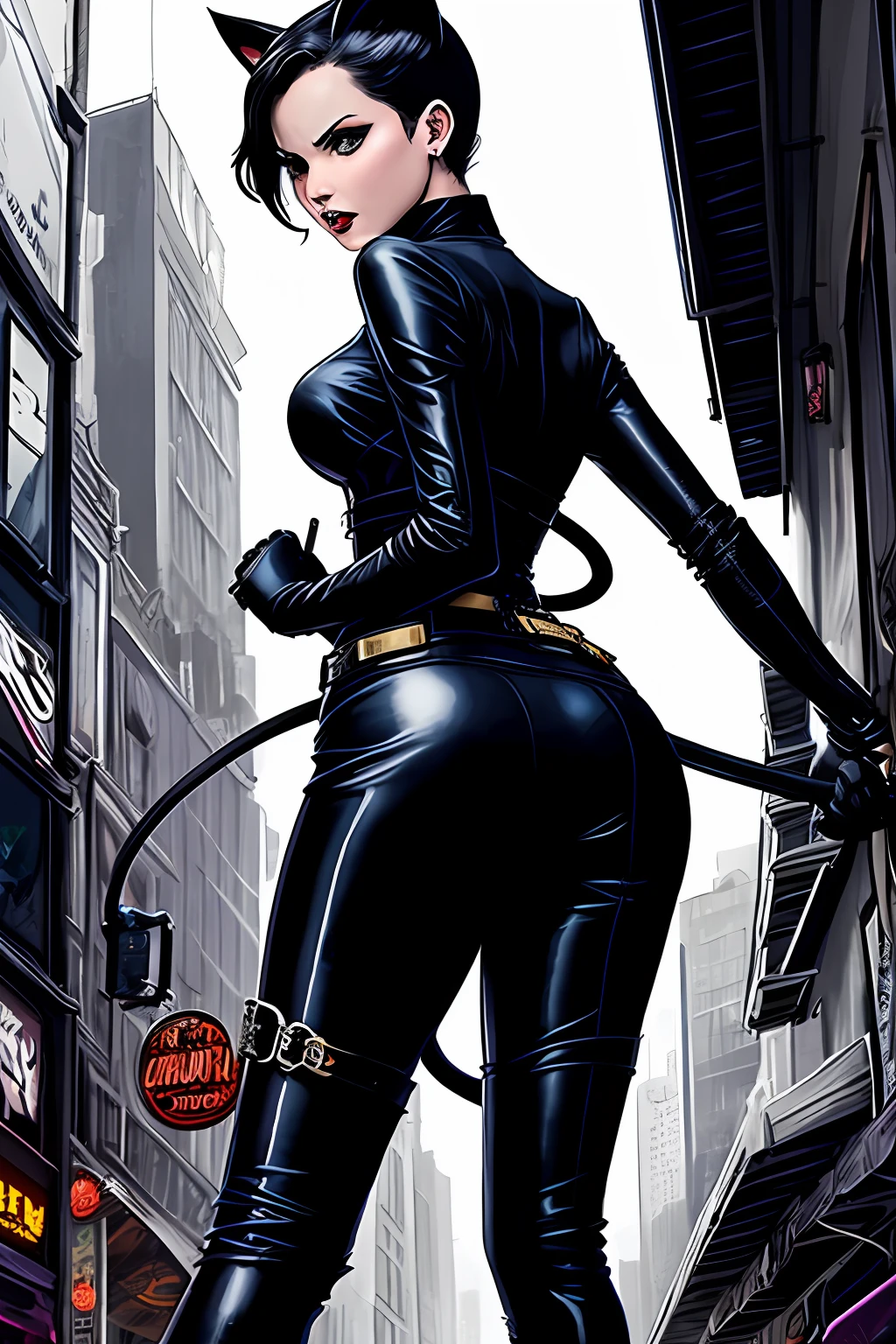 digital art like Sean Murphy, Catwoman fidelity to DC comics drawings, sensual, aggressive, intense, crazed catwoman, with sharp claws wanting to scratch whoever is in front of her, has a whip placed in her waist belt and screams meow imitating a cat, she is loose in the luxurious alleys of gotham city with many cats around, detailed, high definicion, ultra resolution, Dark ilumination, intensity, dramatic, panic, 64k,