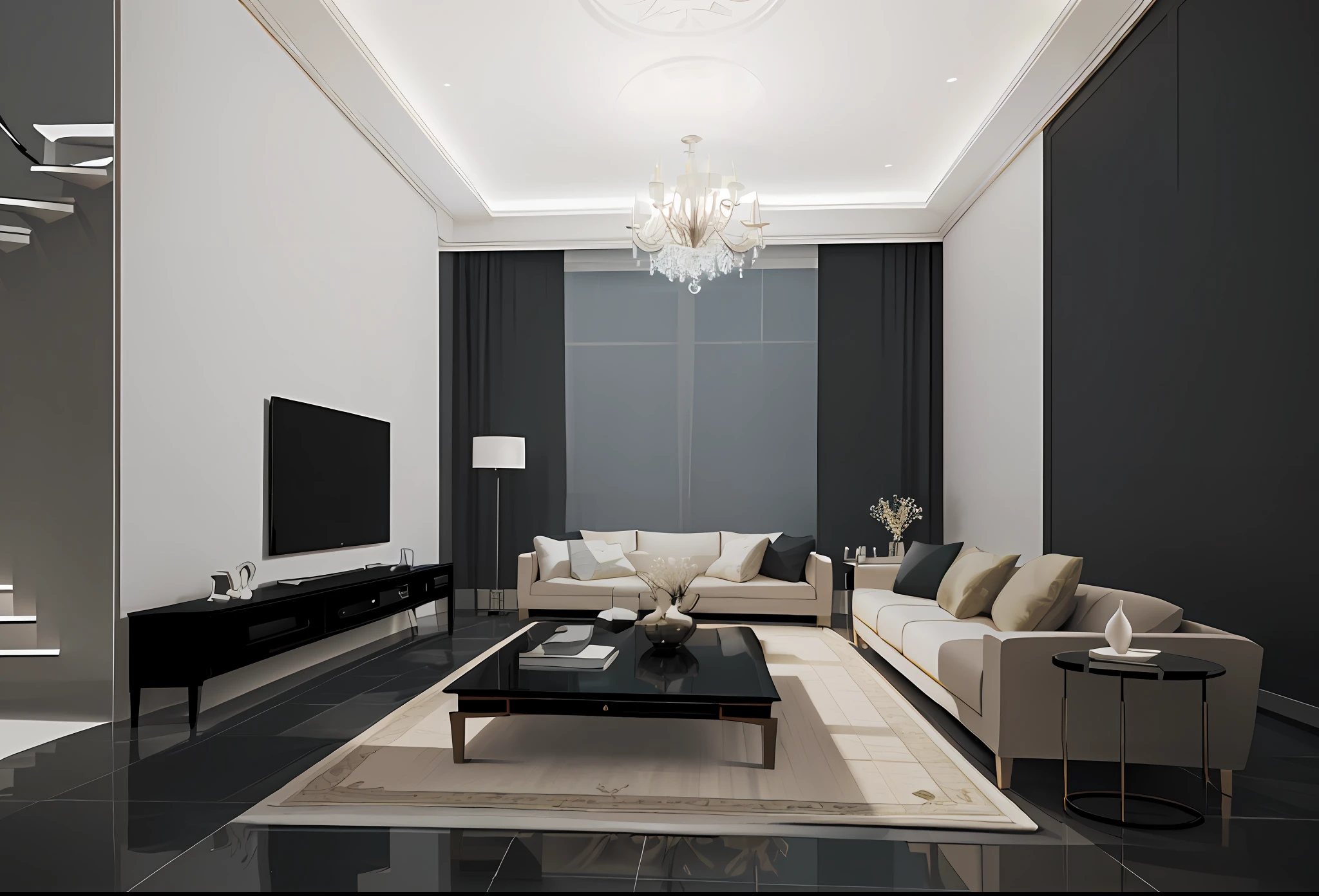 (Masterpiece, best quality,) (Tony Chi style,) rich color matching, stylish 3D rendering style, interior architectural view, 3D final rendering, 3D final rendering, physically based rendering, 3D perspective, interior design details, TV background wall, floor TV cabinet, TV hanging on the wall, coffee table, leather sofa, Persian carpet, cabinet, floor, window, curtain, behind the sofa is a bookcase, indoor ceiling, indoor lighting, living room crystal chandelier,