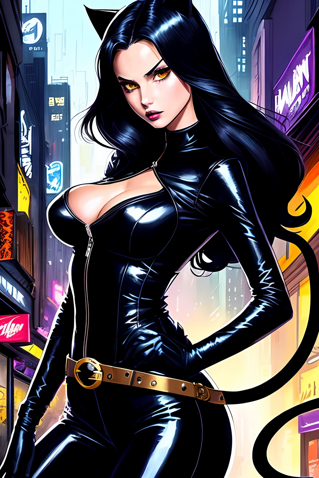 digital art like Sean Murphy, Catwoman fidelity to DC comics drawings, sensual, aggressive, intense, crazed catwoman, with sharp claws wanting to scratch whoever is in front of her, has a whip placed in her waist belt and screams meow imitating a cat, she is loose in the luxurious alleys of gotham city with many cats around, detailed, high definicion, ultra resolution, Dark ilumination, intensity, dramatic, panic, 64k,
