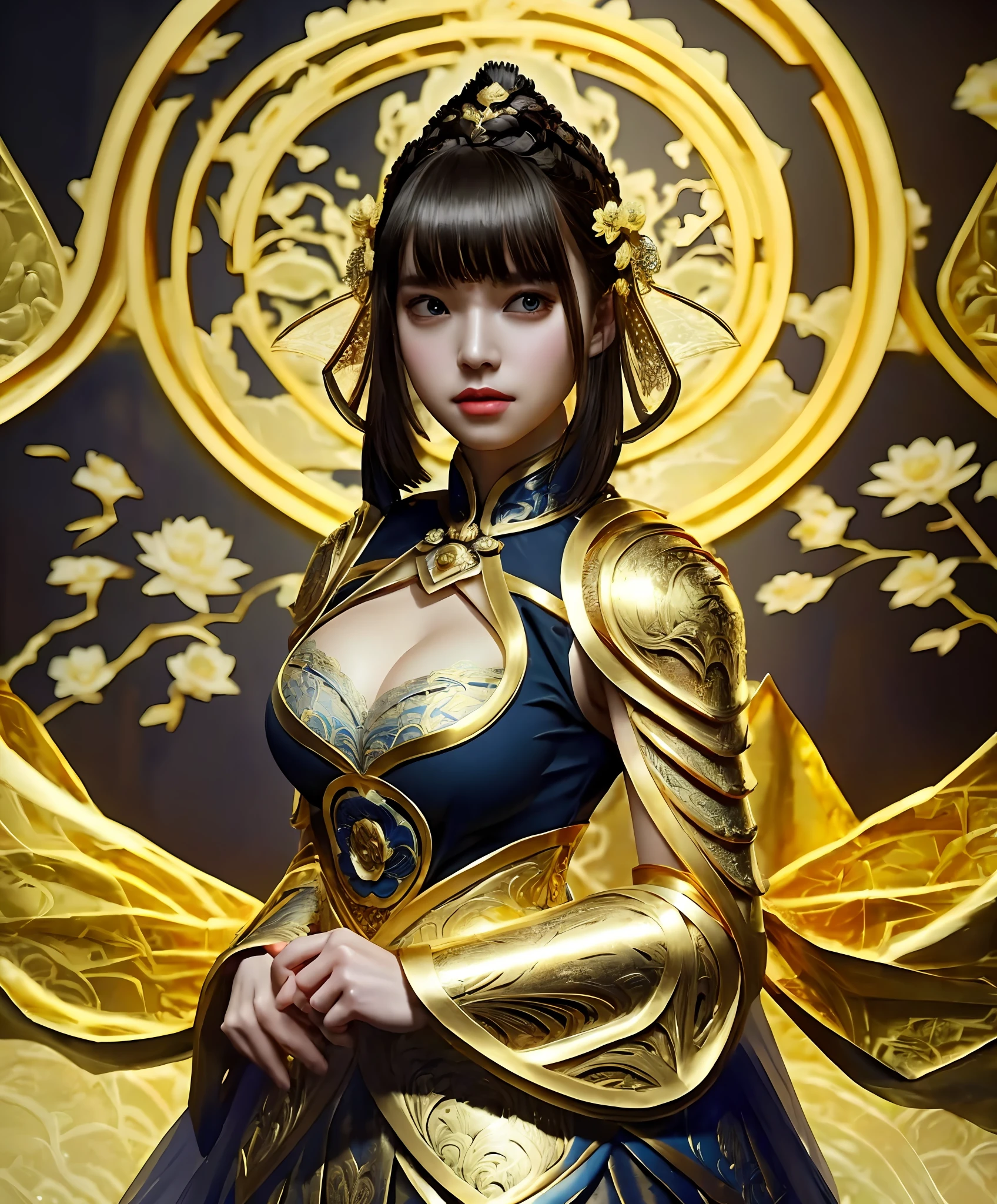 a sexy woman in a gold and blue lotus lace armor skirt, chengwei pan on artstation, by Yang J, detailed fantasy art, stunning character art, fanart best artstation, epic exquisite character art, beautiful armor, extremely detailed artgerm, detailed digital anime art, artgerm on artstation pixiv, armor girl, cleavage big breasts:1.2, (mini skirt:1,5)