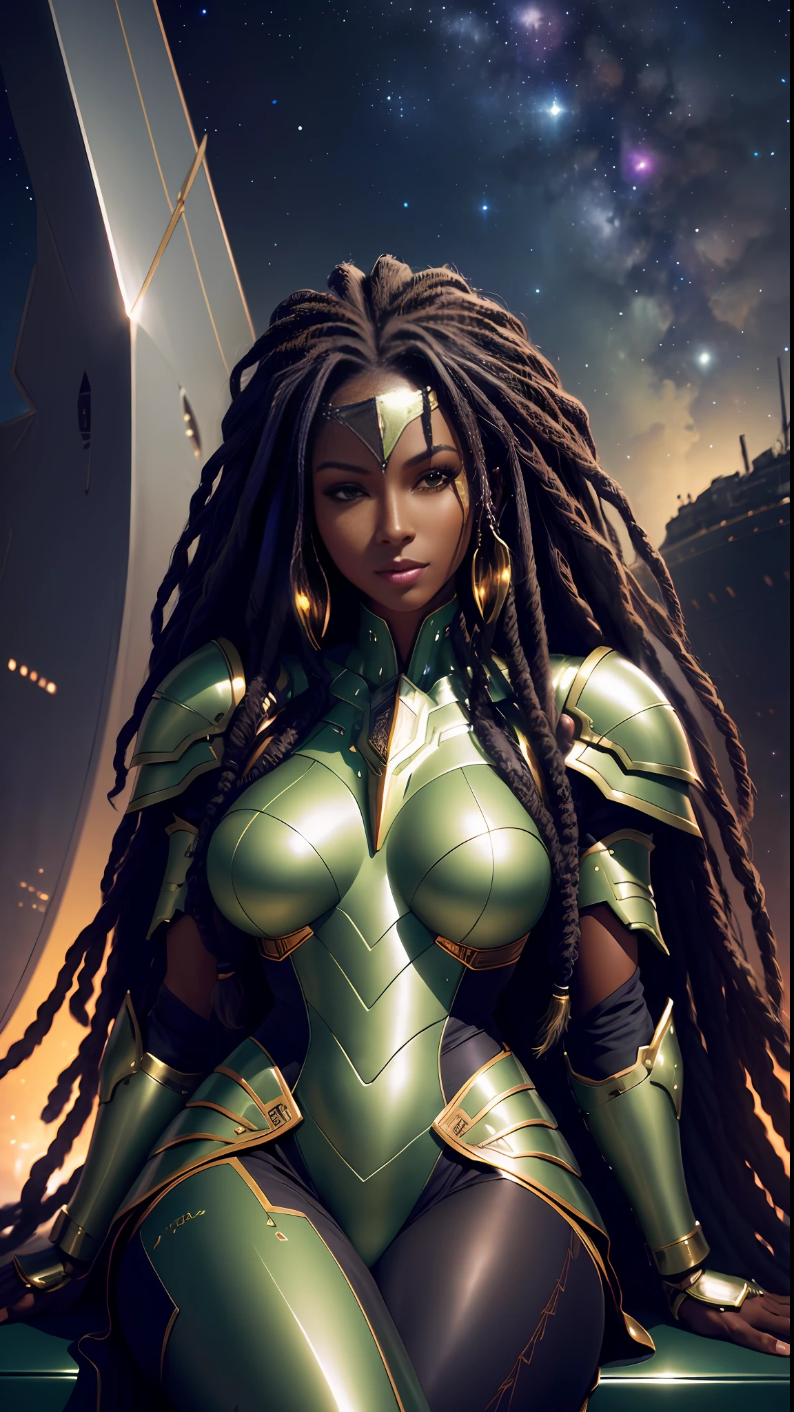 realistic portrait of beautiful mature african american woman ((dark skin color)), cute smile, ((sitting in a green metal box looking at the night sky with a flying ship)), wearing futuristic armor, long hair mega hair, dreadlocks, (((kanekalon)), dark background lighting, close-up, detailed facial details, perfect face, sharpness, trend art, sharp facial details, ultra high quality, Line Art, High Fantasy, Exquisite, 4K, Soft Lighting 8K, Dreamer --ISO 100
