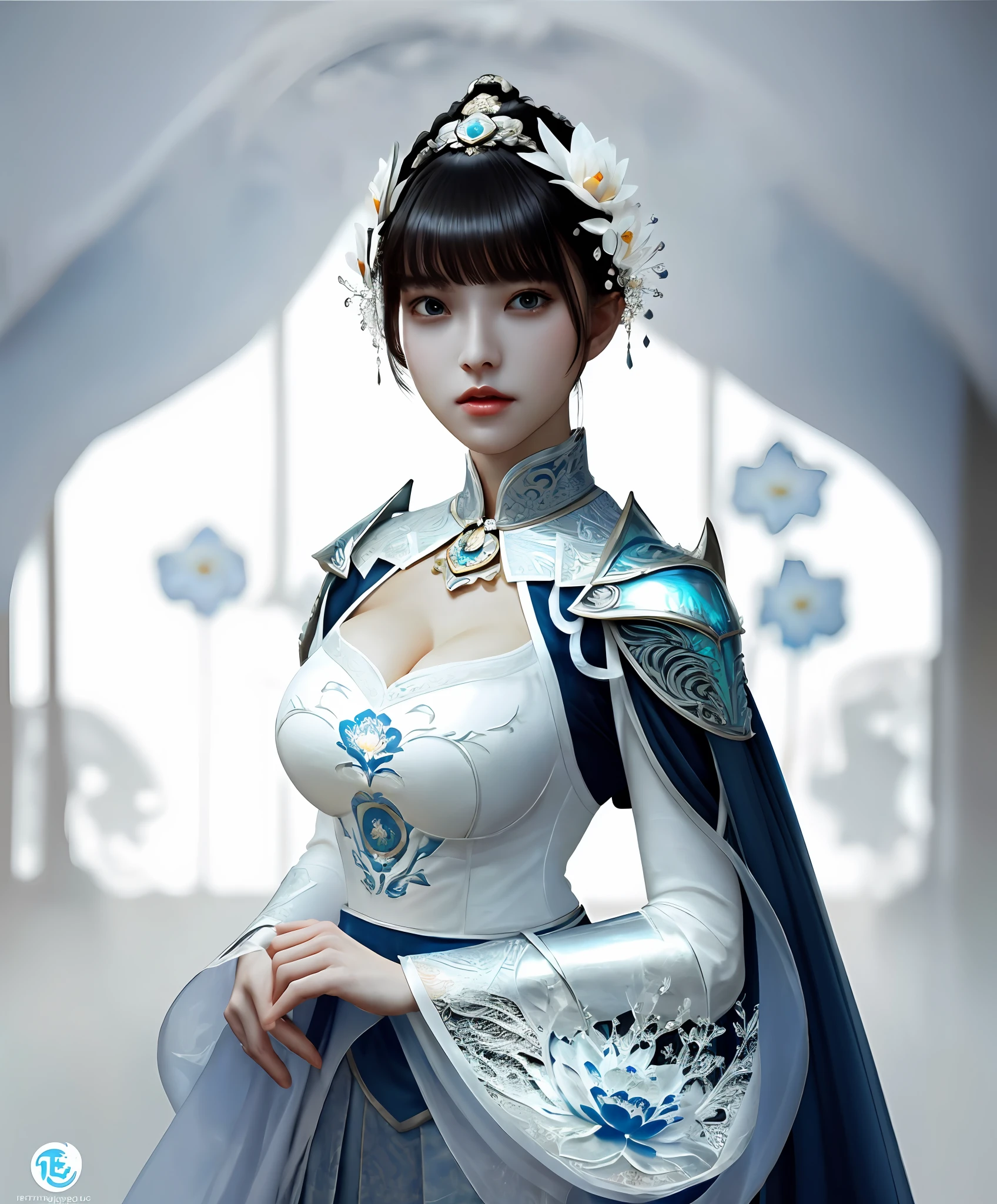 a sexy woman in a white gold and blue lotus lace armor skirt, chengwei pan on artstation, by Yang J, detailed fantasy art, stunning character art, fanart best artstation, epic exquisite character art, beautiful armor, extremely detailed artgerm, detailed digital anime art, artgerm on artstation pixiv, armor girl, cleavage big breasts:1.2, (mini skirt:1,5)