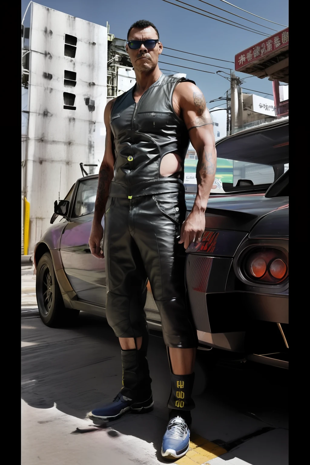 guttonerdvision3, realistic drawing, man poses with his car, cool man of the cyperpunk industry. Kowloon cyberpunk. Handsome man in sports suit. ultra realistic 4k cool driver, design by Alex Ross