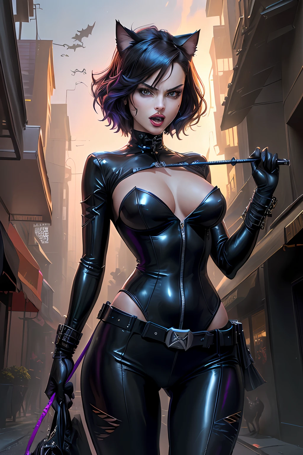 digital art like Sean Murphy, Catwoman fidelity to DC comics drawings, sensual, aggressive, intense, crazed catwoman, with sharp claws wanting to scratch whoever is in front of her, has a whip placed in her waist belt and screams meow imitating a cat, she is loose in the luxurious alleys of gotham city with many cats around, detailed, high definicion, ultra resolution, Dark ilumination, intensity, dramatic, panic, 64k,