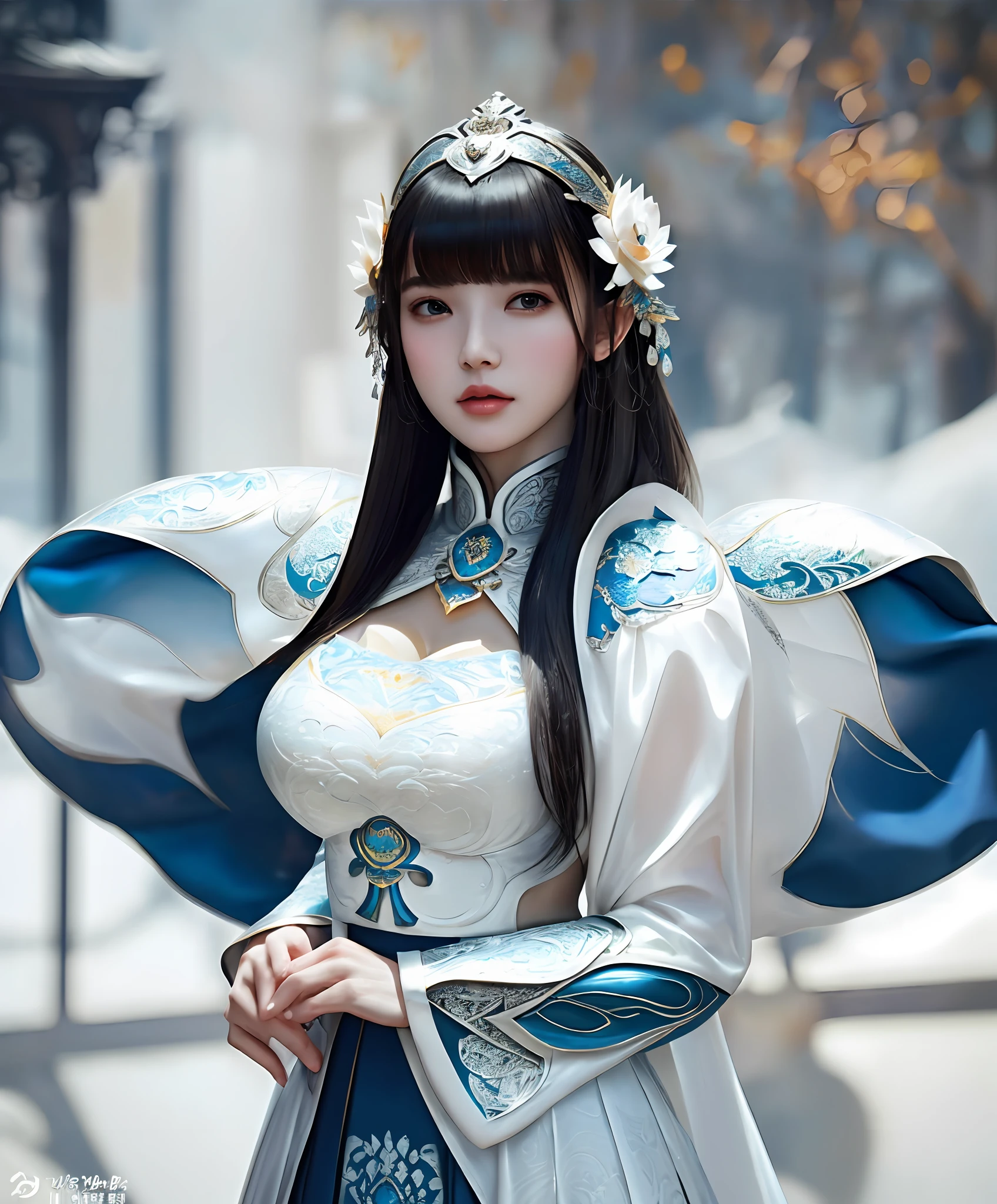 a sexy woman in a white gold and blue lotus lace armor skirt, chengwei pan on artstation, by Yang J, detailed fantasy art, stunning character art, fanart best artstation, epic exquisite character art, beautiful armor, extremely detailed artgerm, detailed digital anime art, artgerm on artstation pixiv, armor girl, cleavage big breasts:1.2, (mini skirt:1,5)