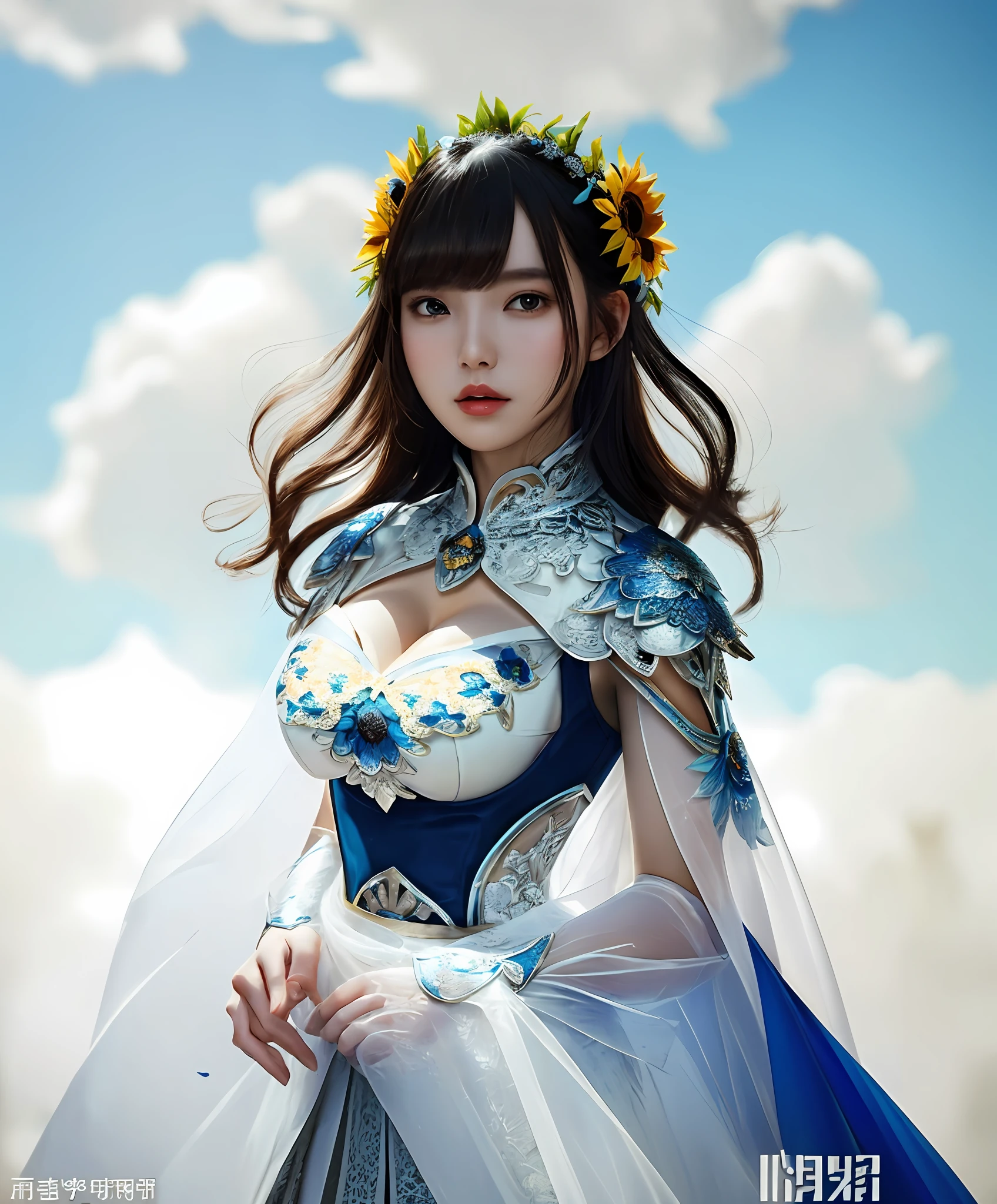 a sexy woman in a white gold and blue sunflower lace armor skirt, chengwei pan on artstation, by Yang J, detailed fantasy art, stunning character art, fanart best artstation, epic exquisite character art, beautiful armor, extremely detailed artgerm, detailed digital anime art, artgerm on artstation pixiv, armor girl, cleavage big breasts:1.2, (mini skirt:1,5)